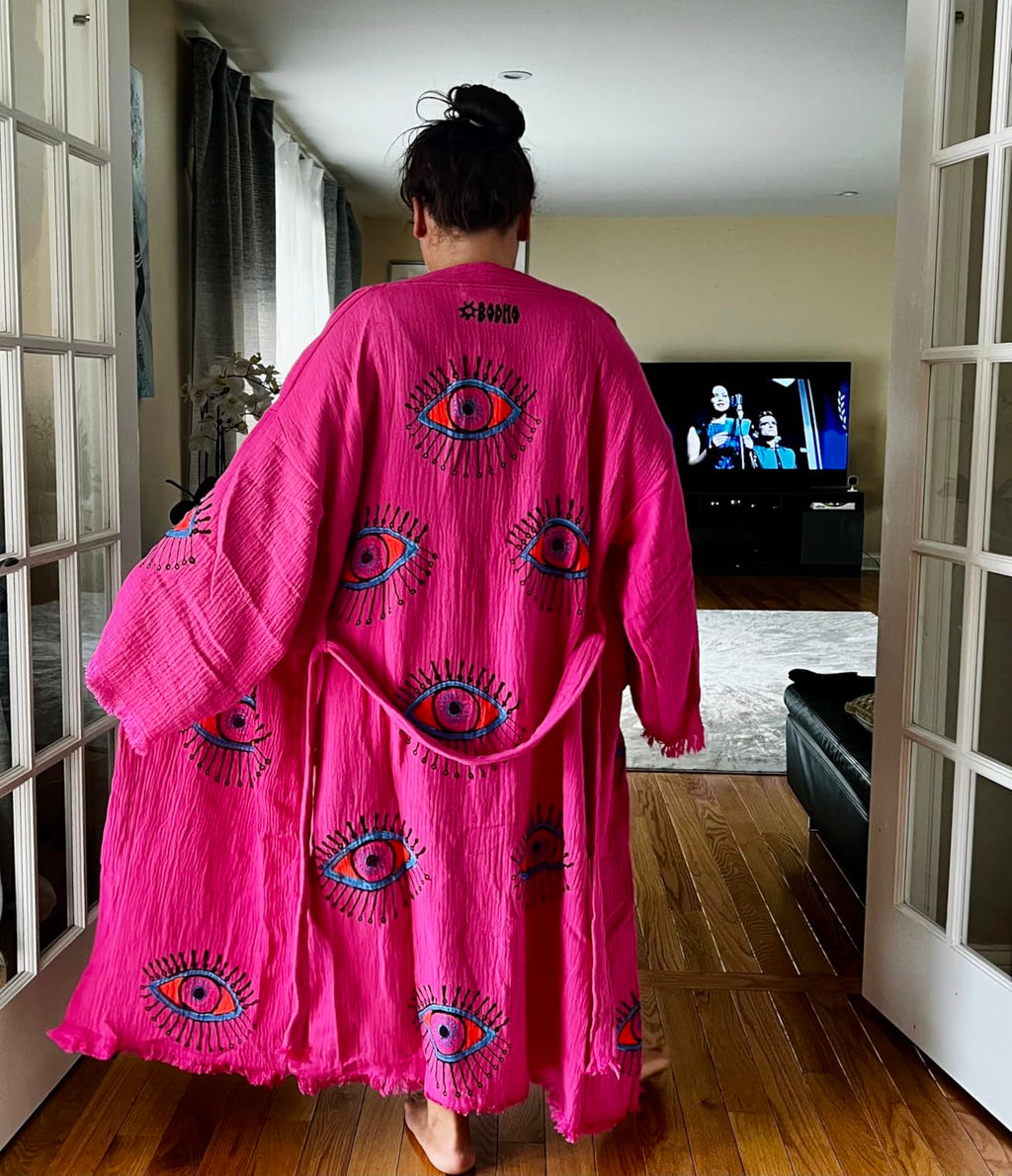 El Yapımı Nazar Kimono Pembe | Bohem Festival & Plaj Giyimi Örtü