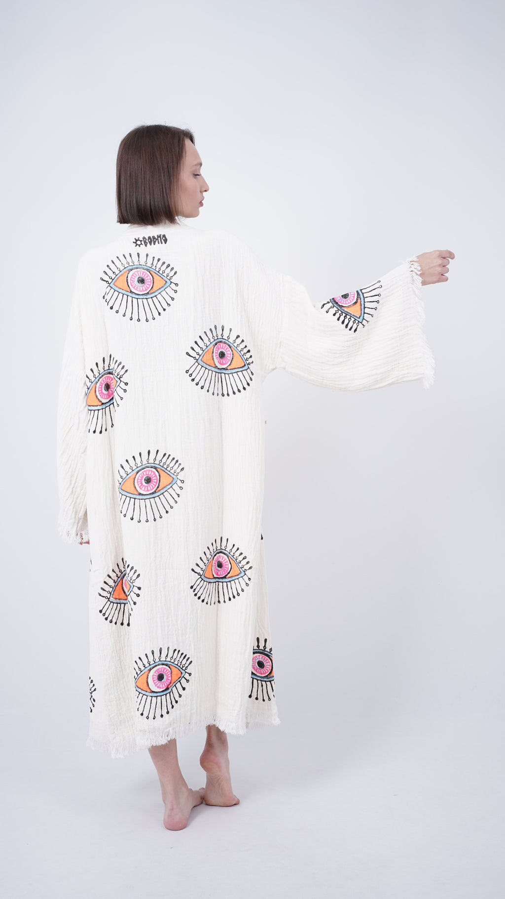 Handmade Evil Eye Kimono | Orange Eye Boho Festival & Beachwear Cover Up