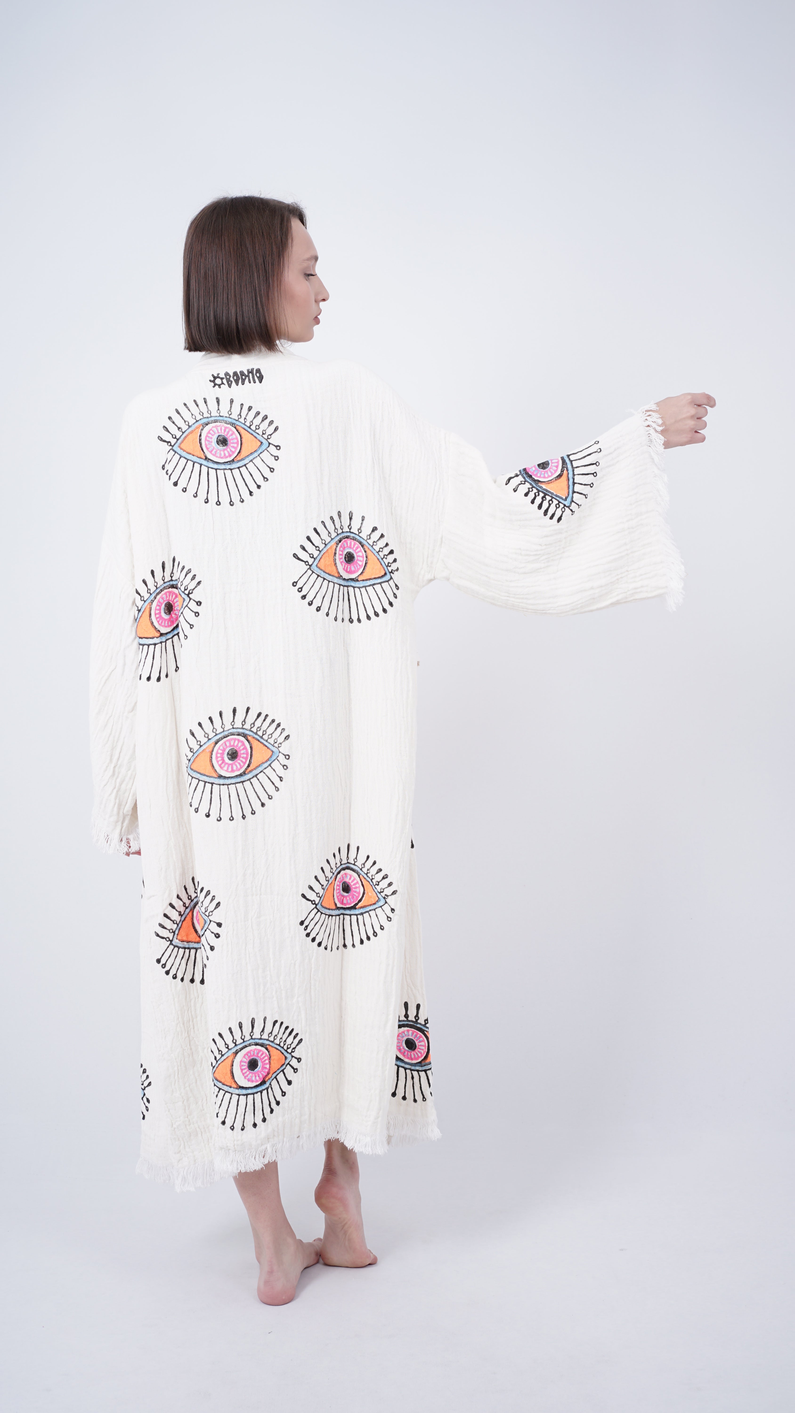 Handmade Evil Eye Kimono | Orange Eye Boho Festival & Beachwear Cover Up