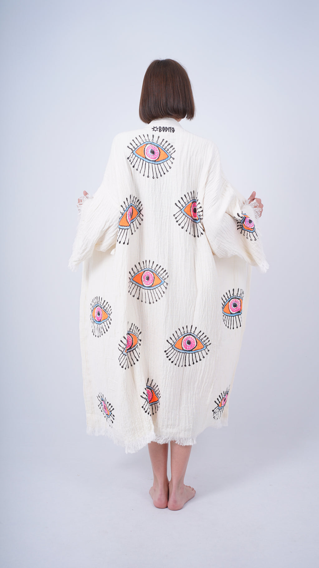 Handmade Evil Eye Kimono | Orange Eye Boho Festival & Beachwear Cover Up