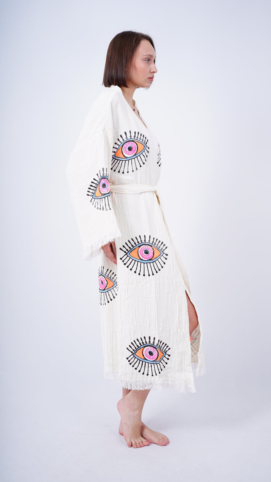 Handmade Evil Eye Kimono | Orange Eye Boho Festival & Beachwear Cover Up