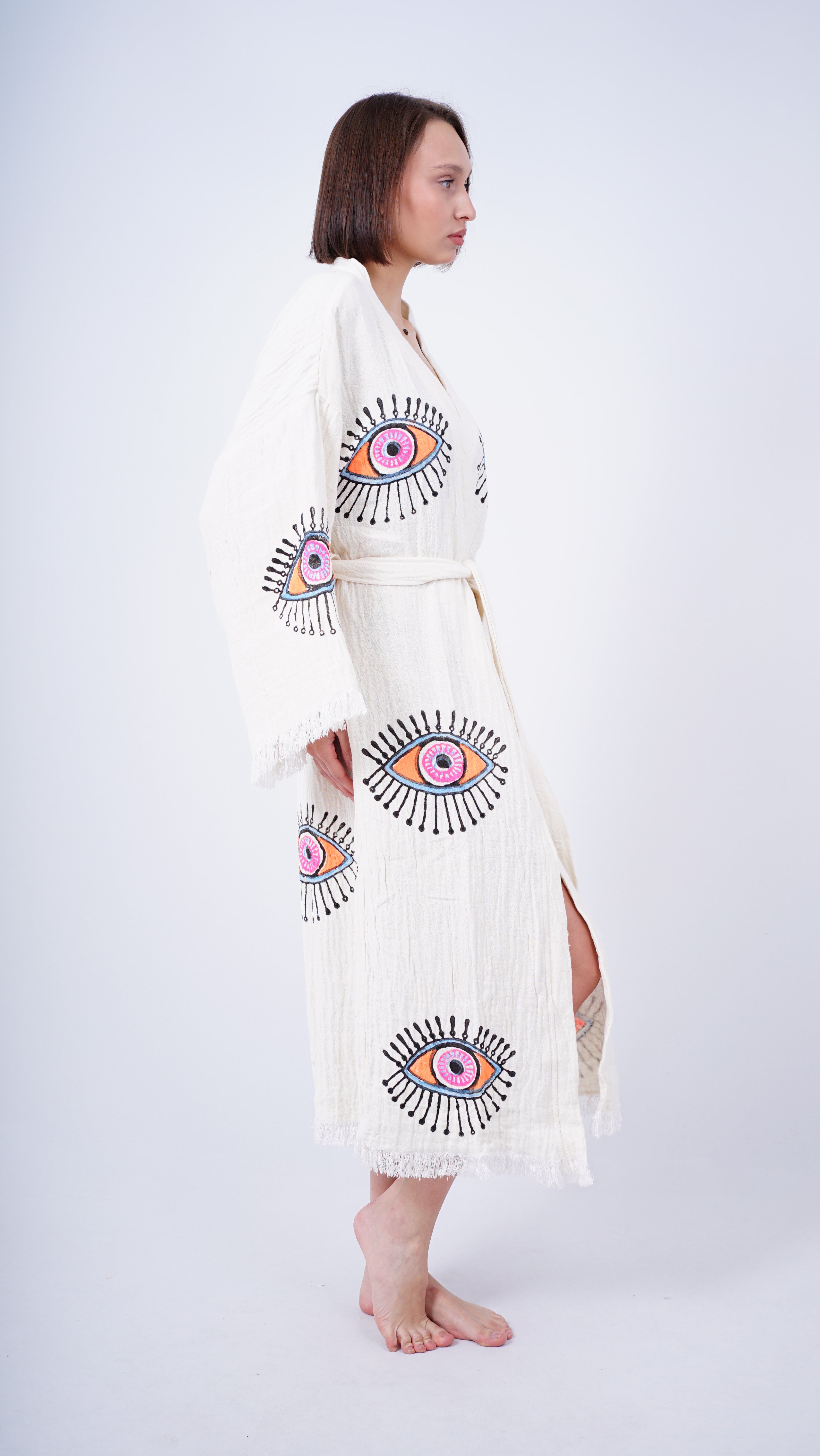 Handmade Evil Eye Kimono | Orange Eye Boho Festival & Beachwear Cover Up