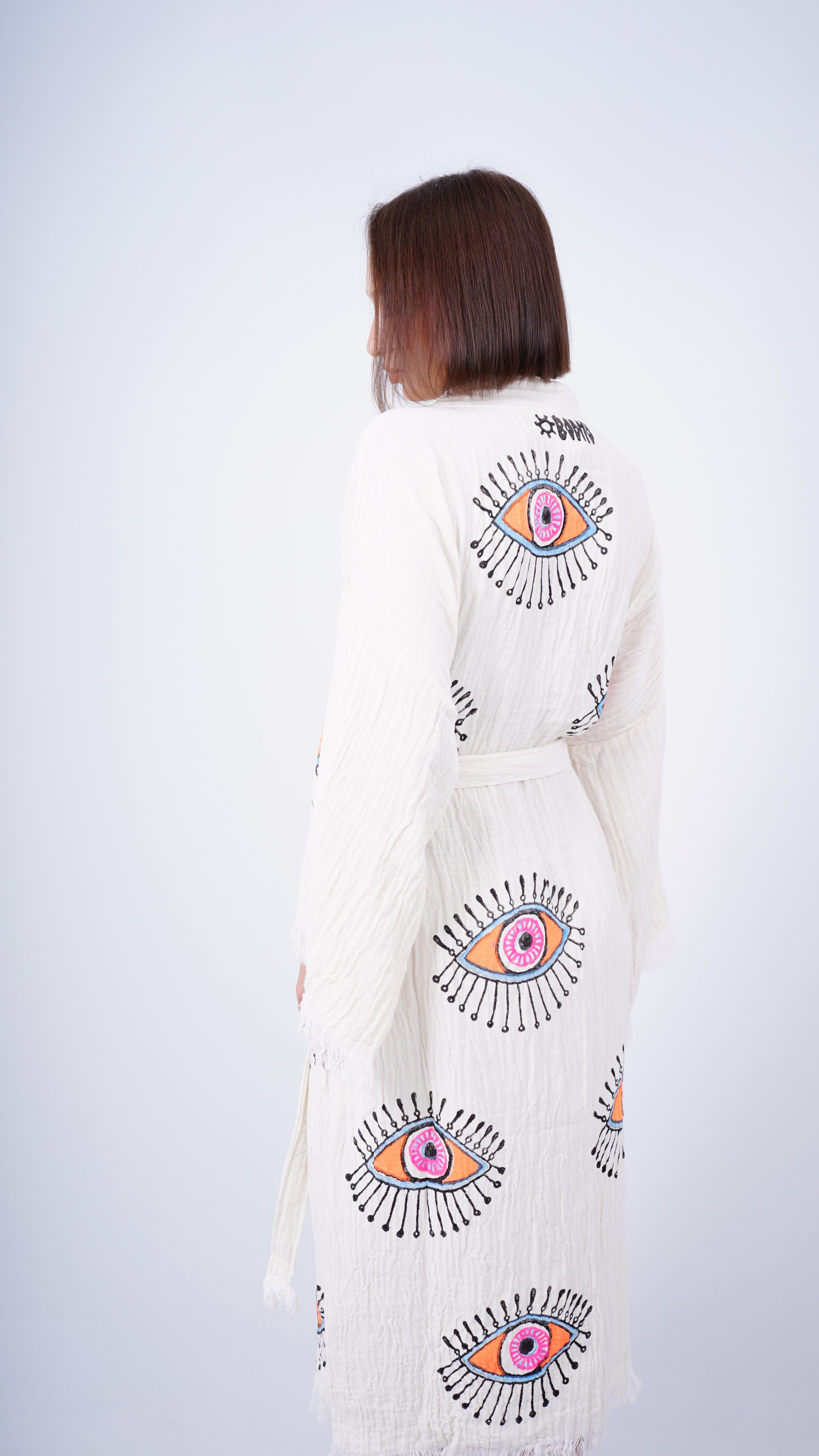 Handmade Evil Eye Kimono | Orange Eye Boho Festival & Beachwear Cover Up