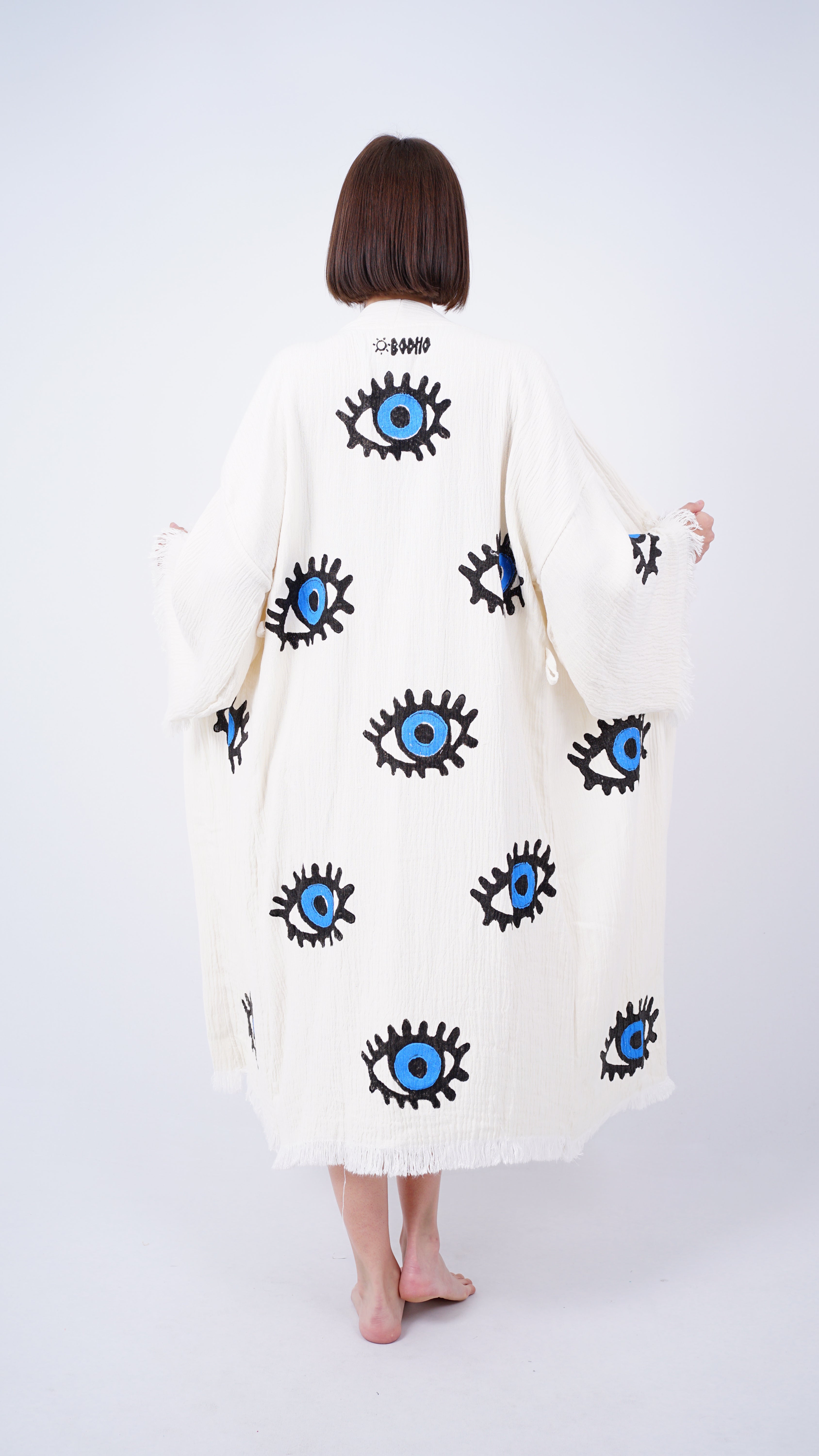 Handmade Evil Eye Kimono | Blue Eye Boho Festival & Beachwear Cover Up