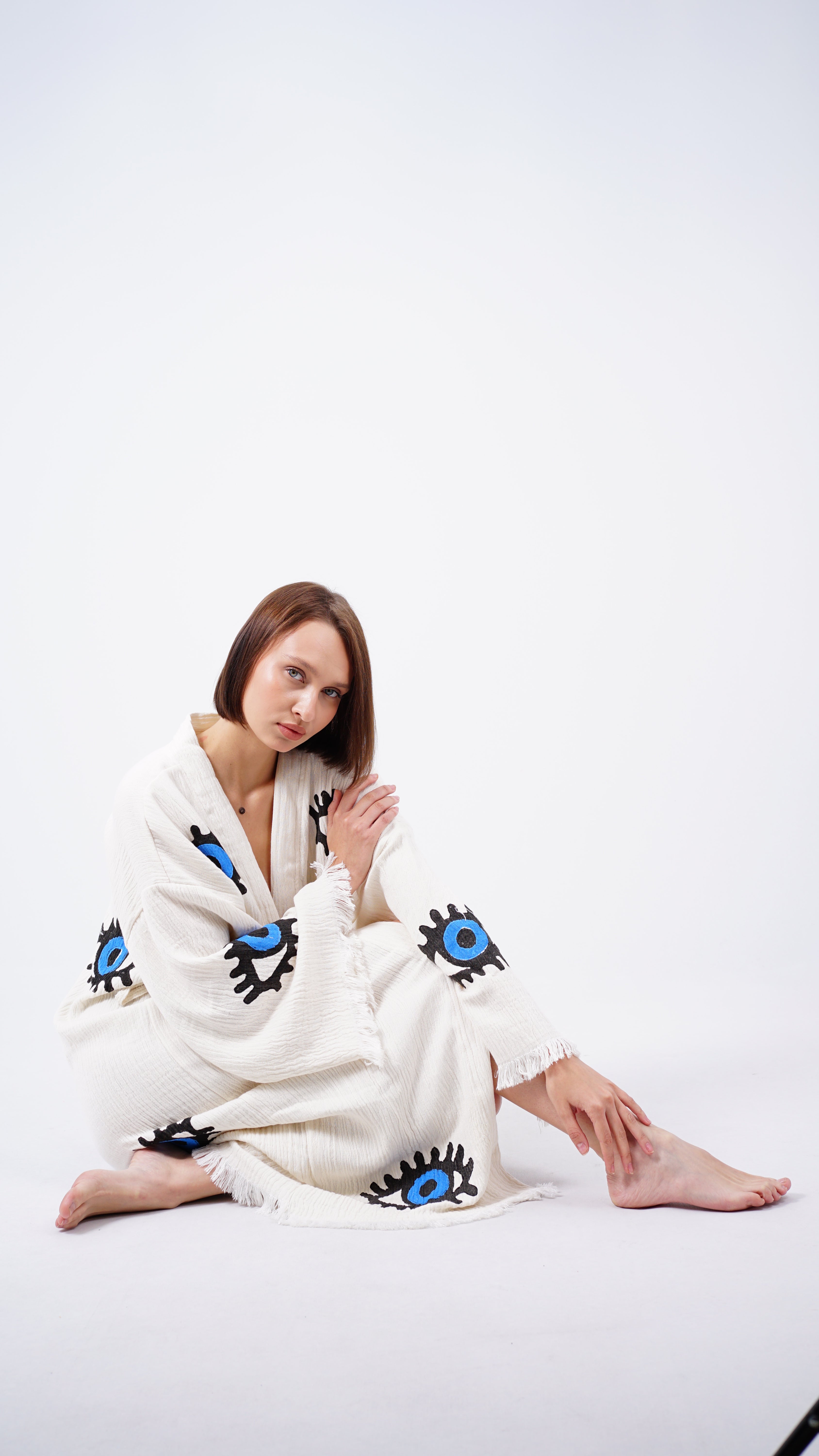 Handmade Evil Eye Kimono | Blue Eye Boho Festival & Beachwear Cover Up