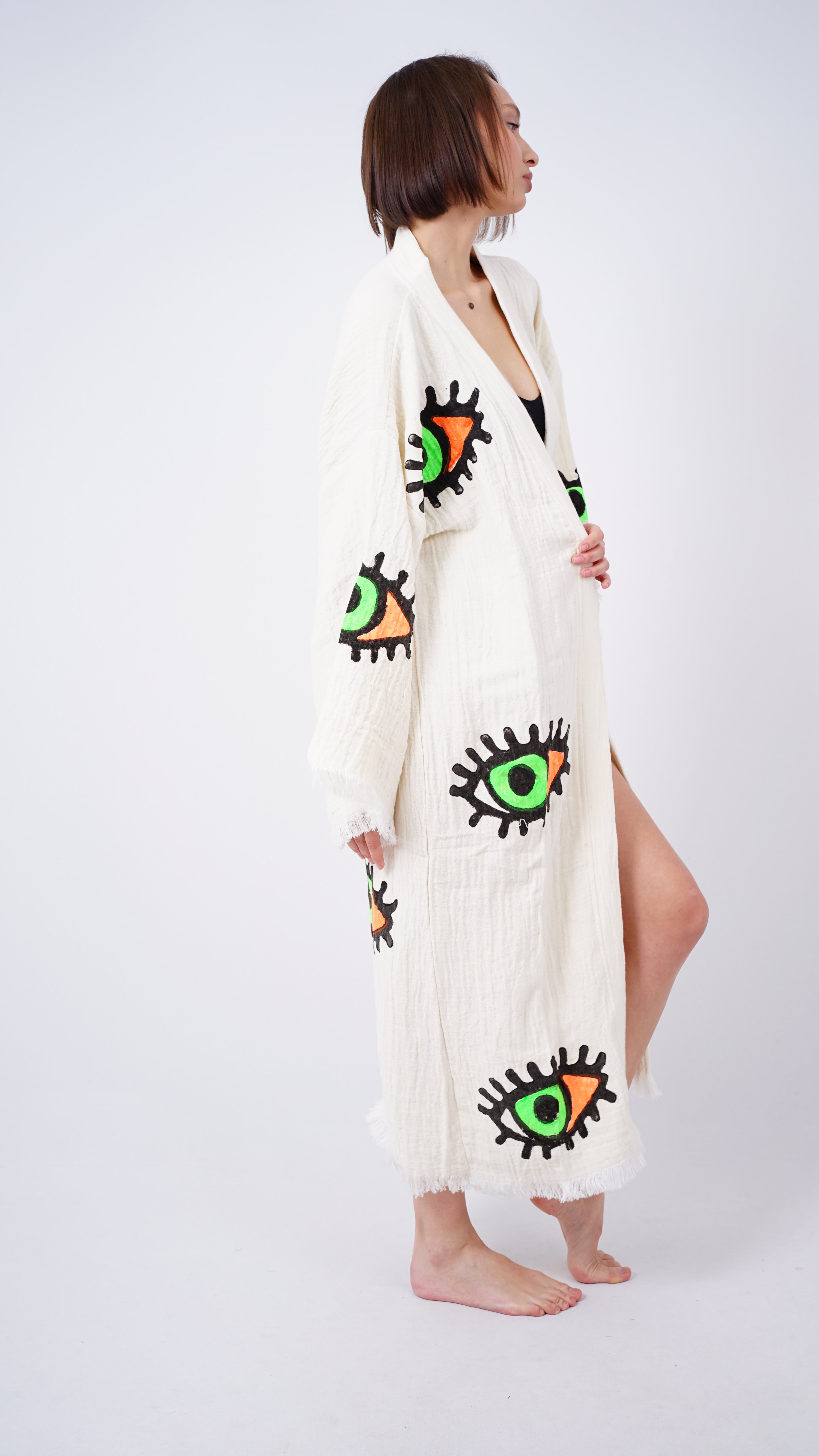 Kimono Mostaza Ojo Turco Hecho a Mano | Kaftán Bohemio para Festival y Playa