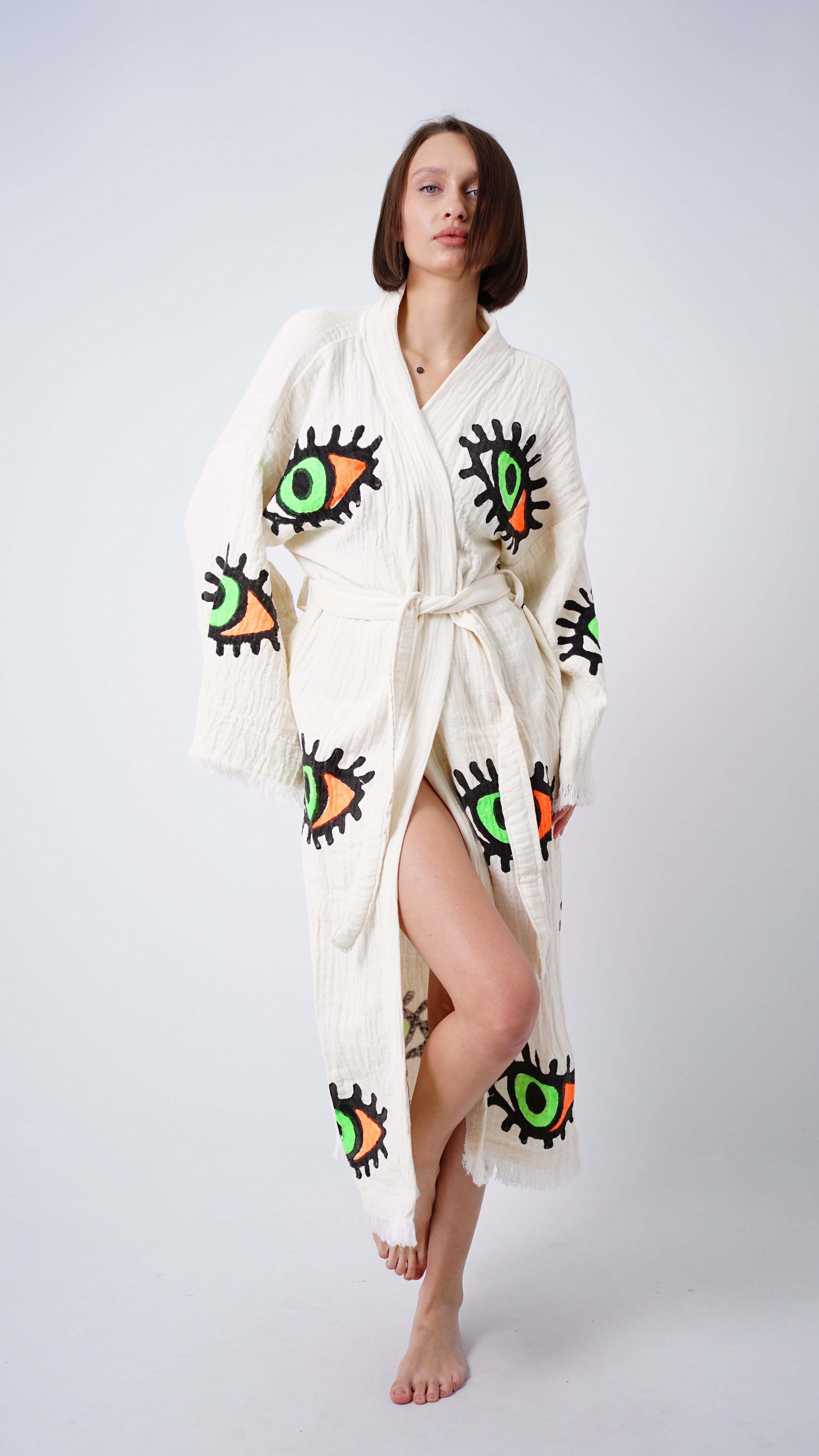 Kimono Mostaza Ojo Turco Hecho a Mano | Kaftán Bohemio para Festival y Playa