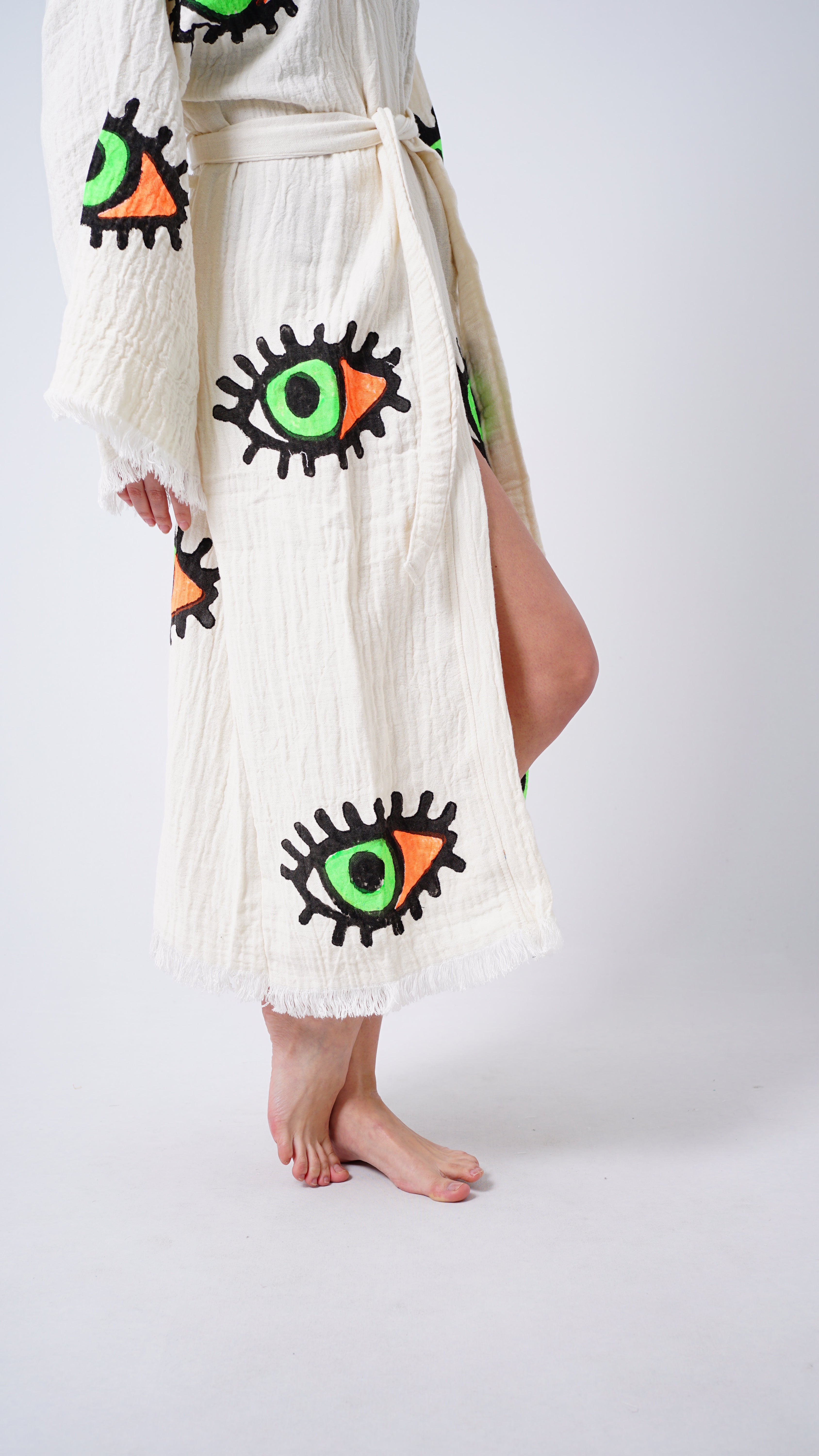 Kimono Mostaza Ojo Turco Hecho a Mano | Kaftán Bohemio para Festival y Playa