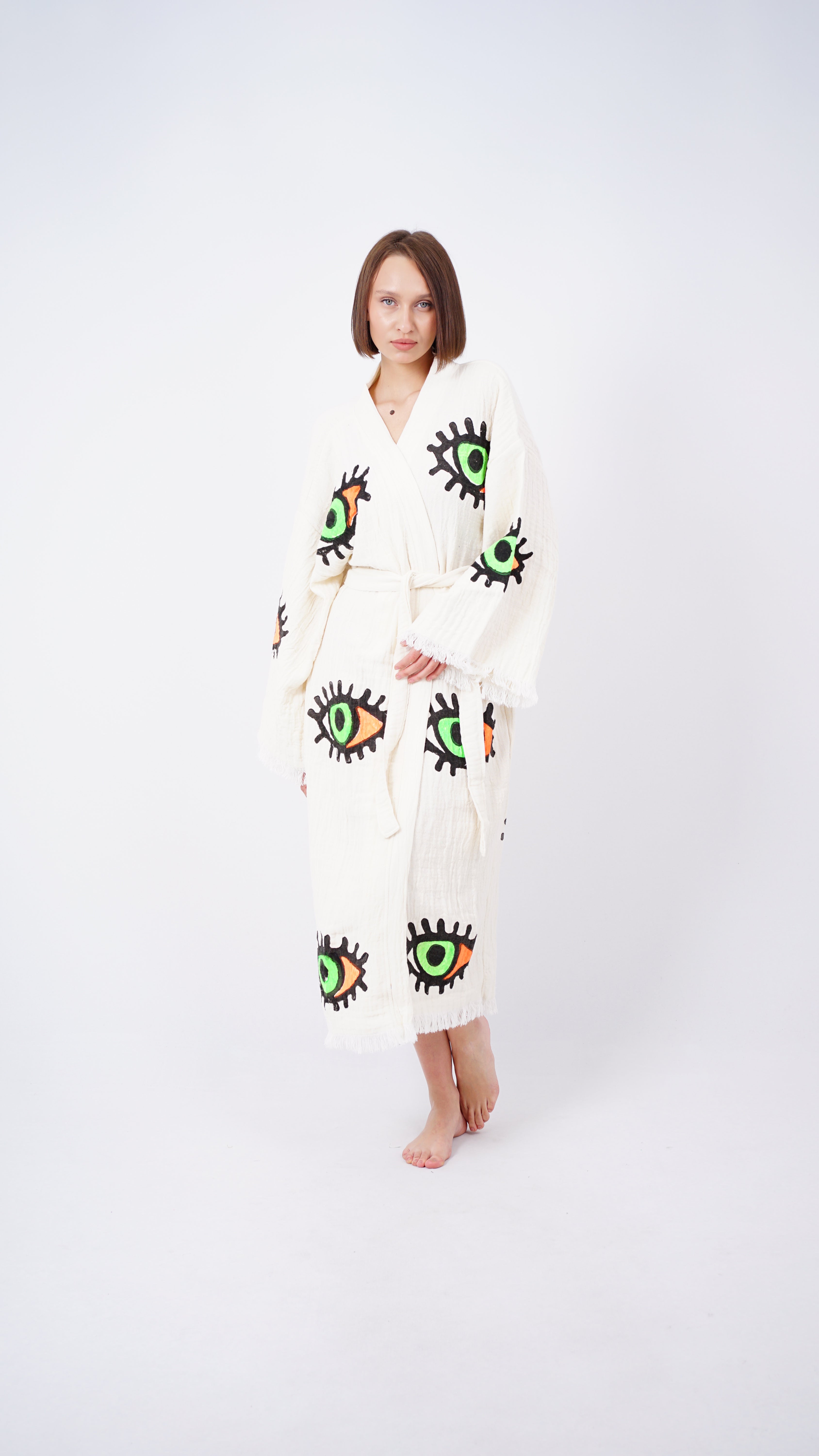 Kimono Mostaza Ojo Turco Hecho a Mano | Kaftán Bohemio para Festival y Playa