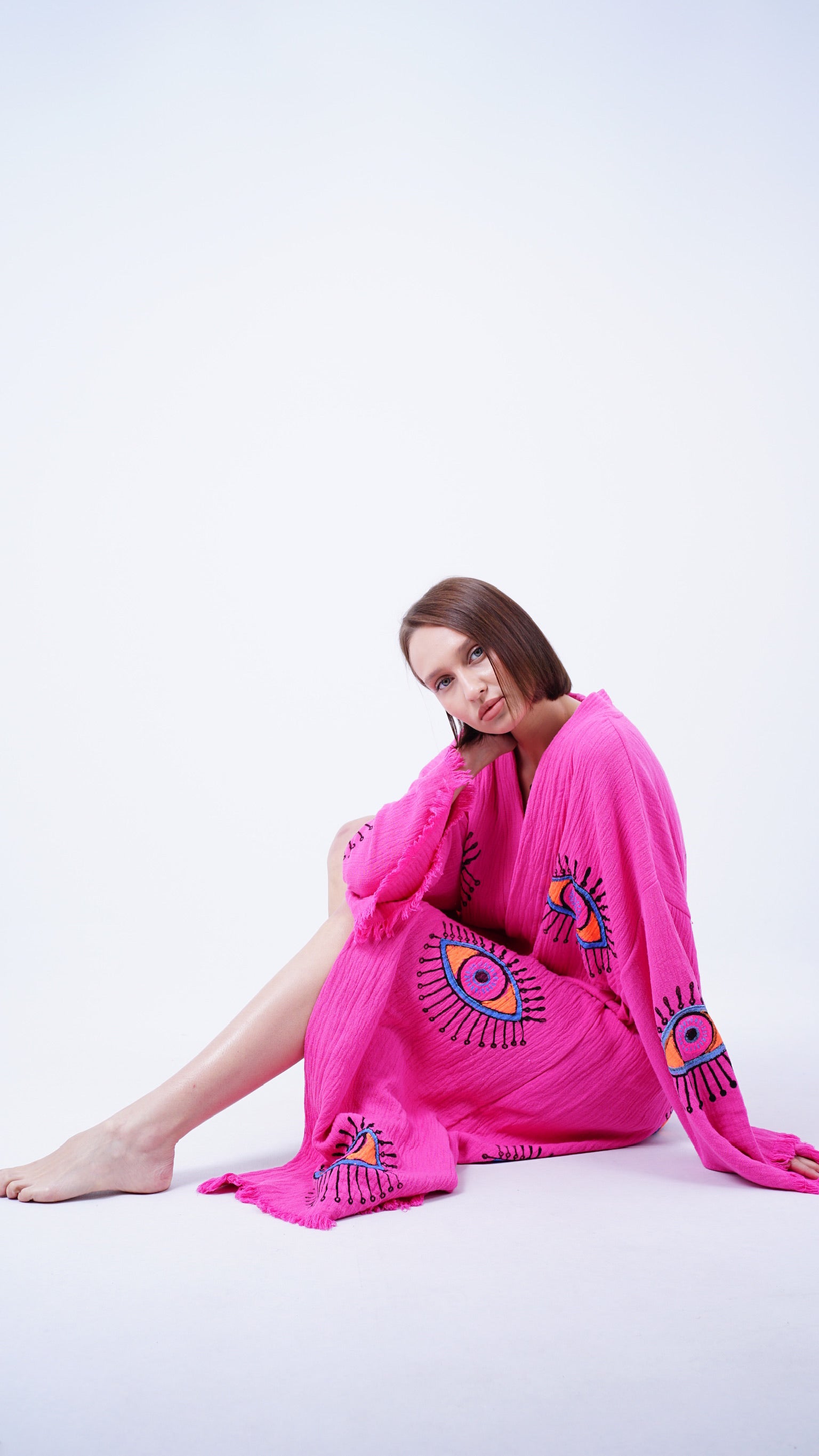 Handmade Evil Eye Kimono Pink | Boho Festival & Beachwear Cover Up