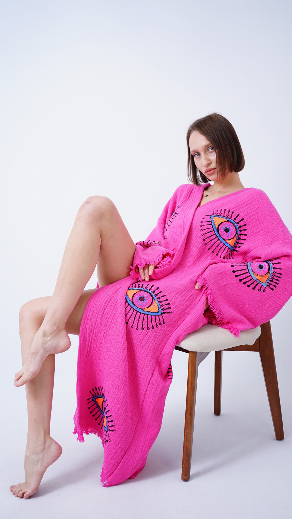 Handmade Evil Eye Kimono Pink | Boho Festival & Beachwear Cover Up