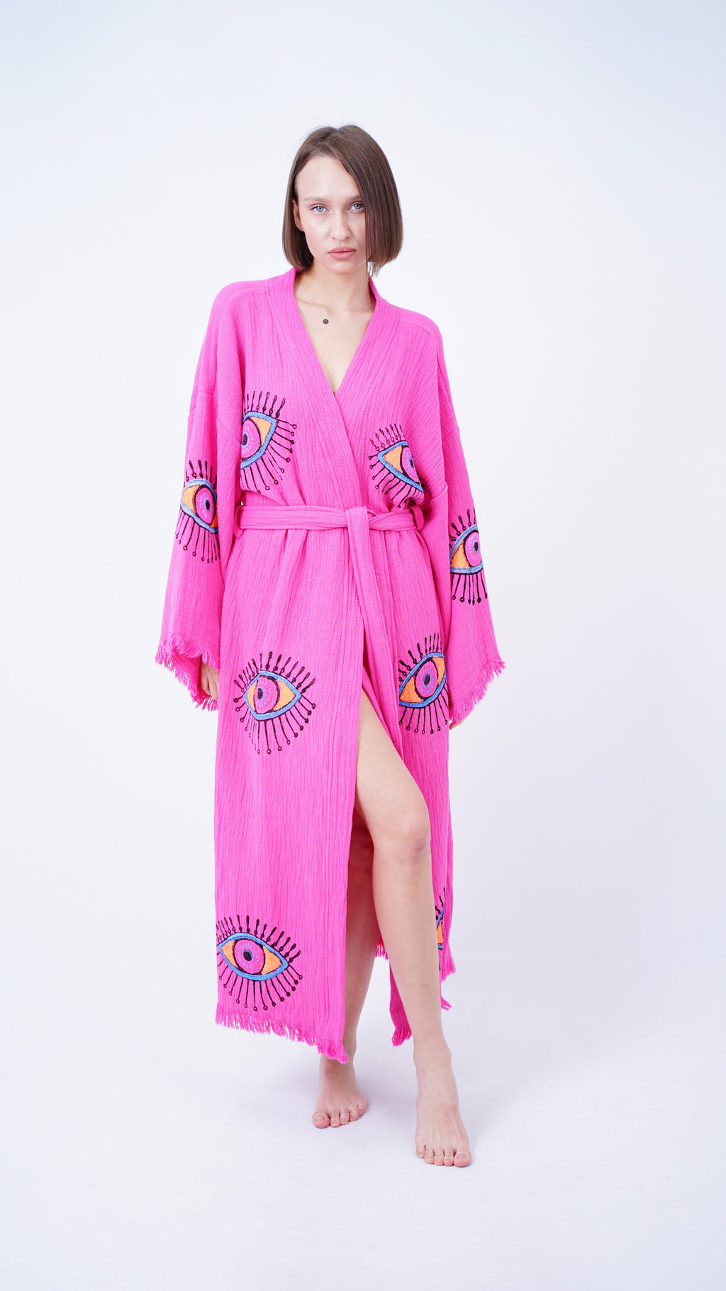 Handmade Evil Eye Kimono Pink | Boho Festival & Beachwear Cover Up