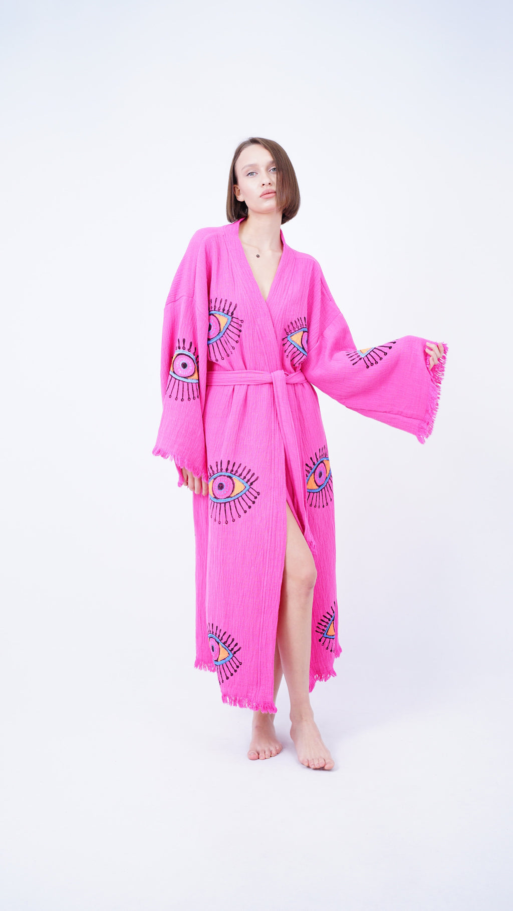 Handmade Evil Eye Kimono Pink | Boho Festival & Beachwear Cover Up