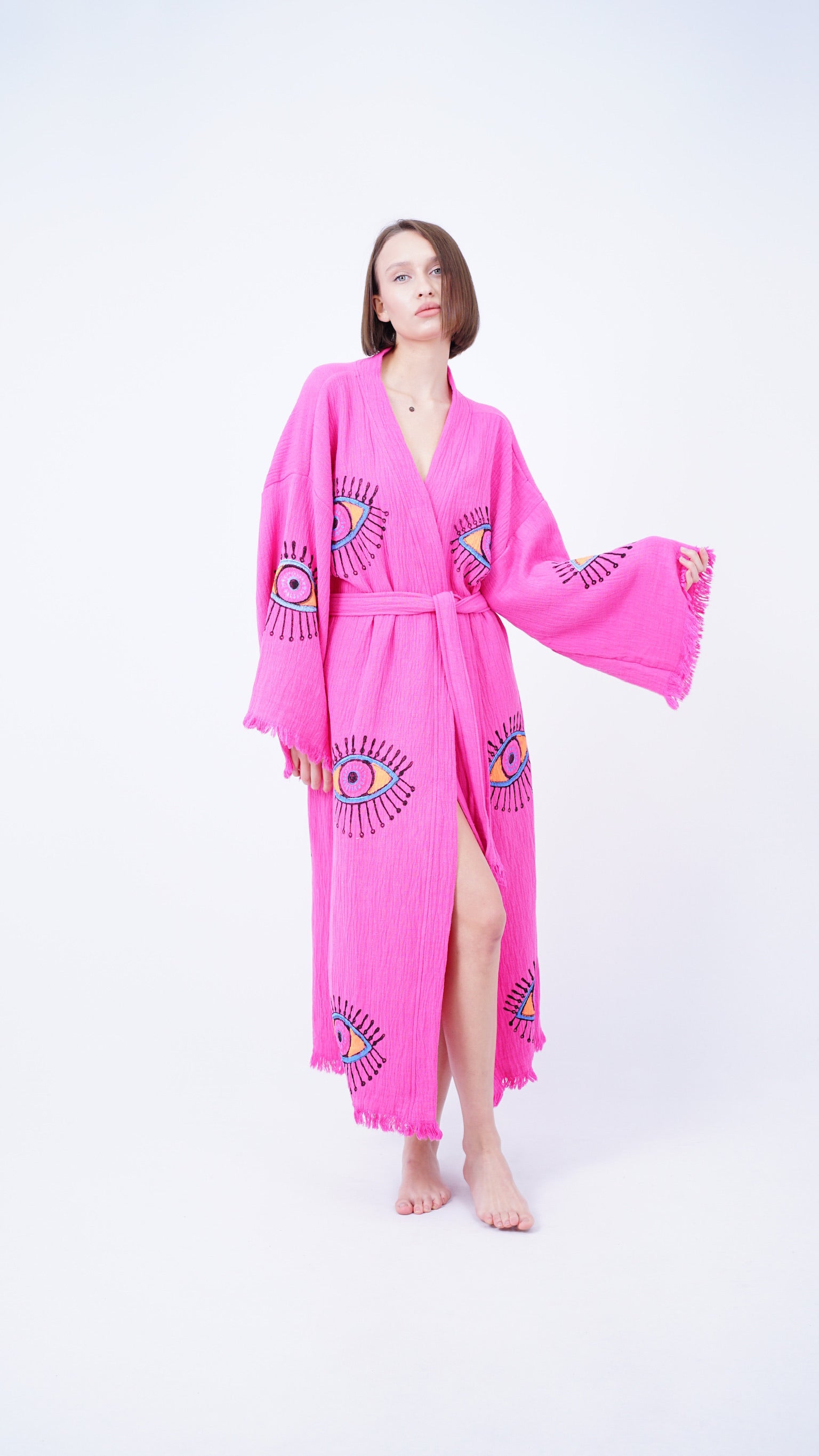 Handmade Evil Eye Kimono Pink | Boho Festival & Beachwear Cover Up