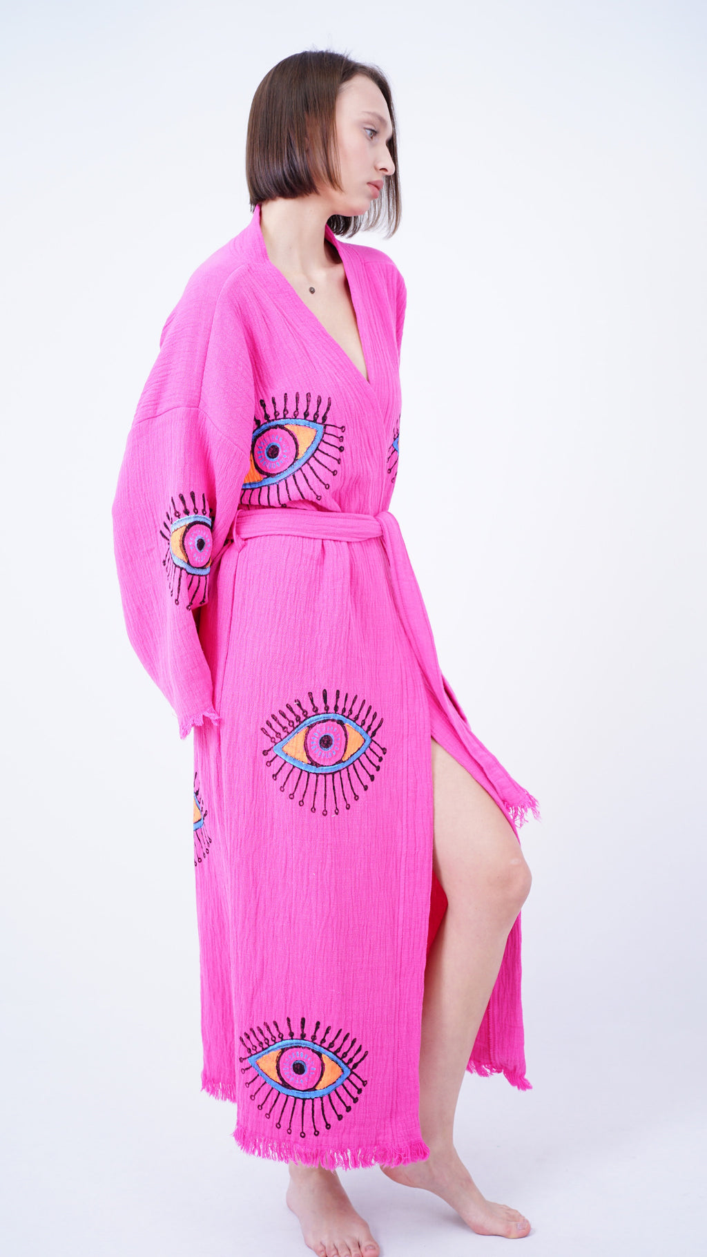 Handmade Evil Eye Kimono Pink | Boho Festival & Beachwear Cover Up