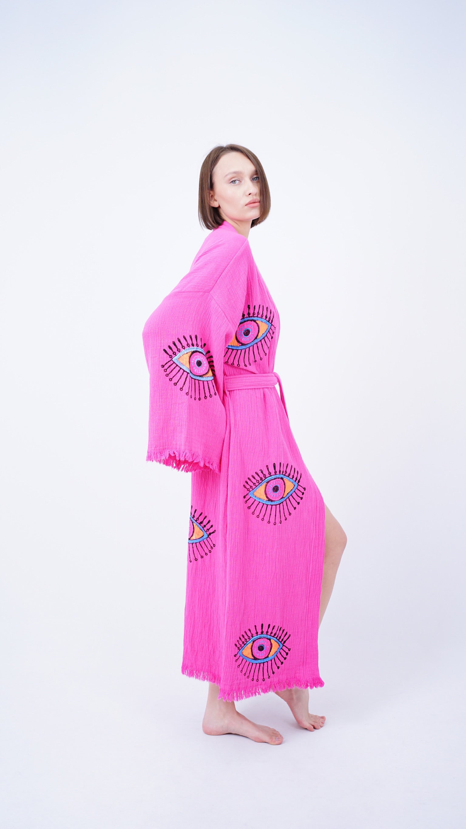 Handmade Evil Eye Kimono Pink | Boho Festival & Beachwear Cover Up