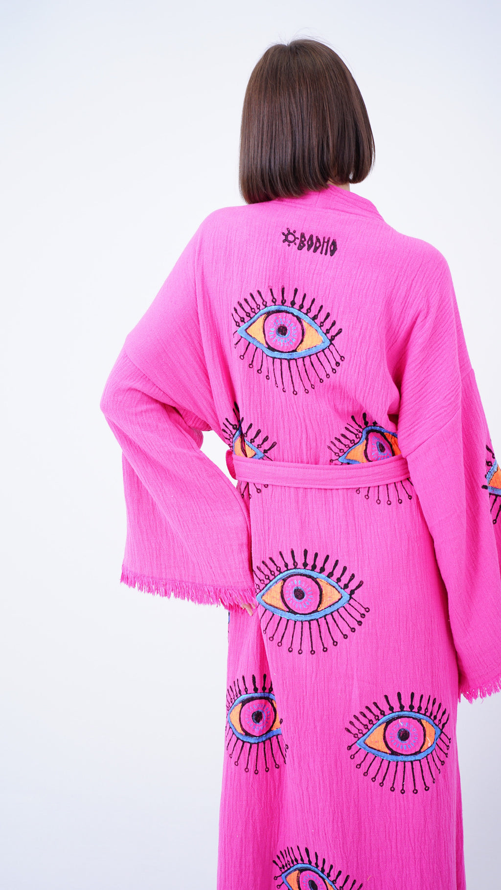 Handmade Evil Eye Kimono Pink | Boho Festival & Beachwear Cover Up