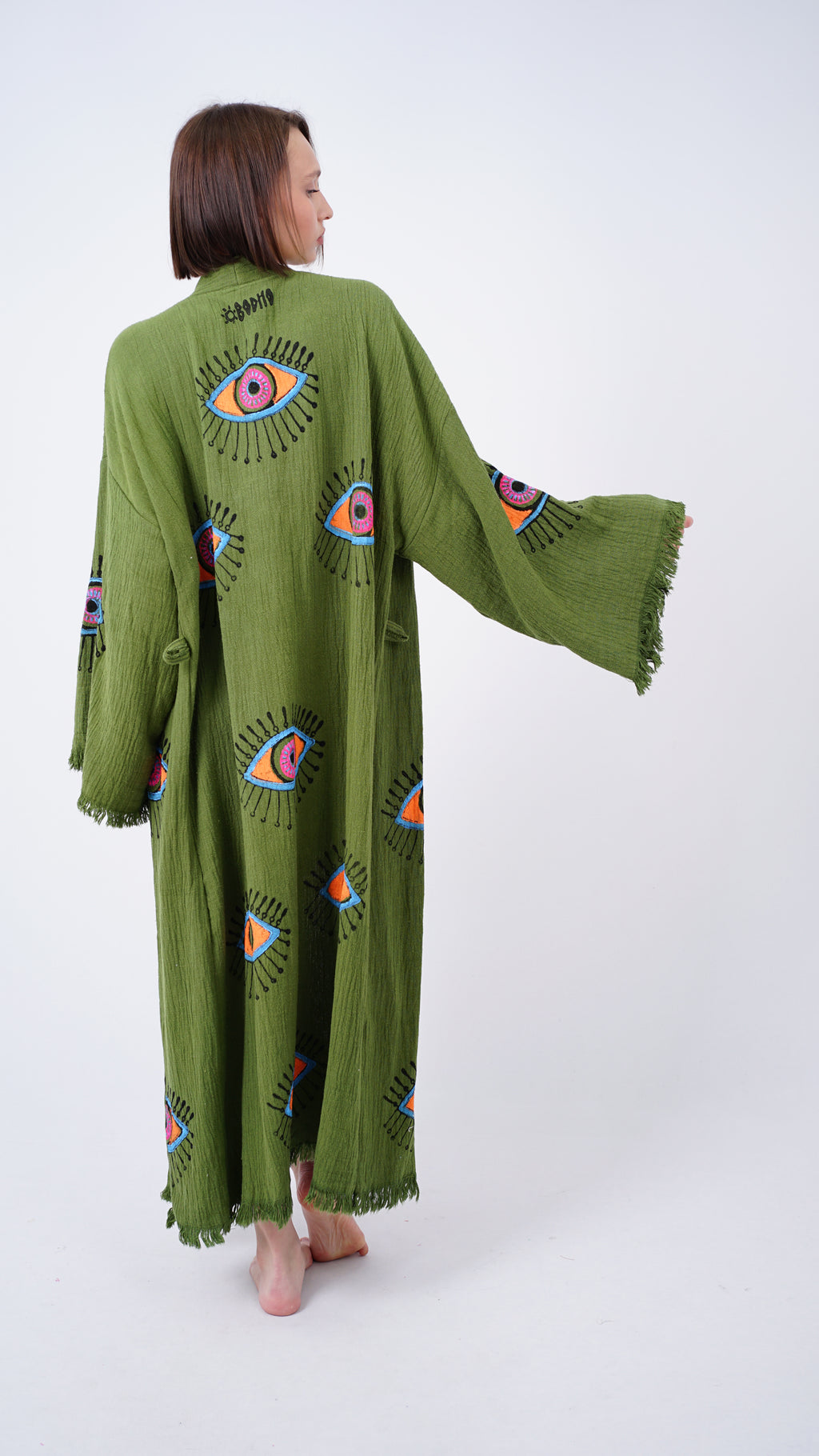 Handmade Evil Eye Kimono Green | Boho Festival & Beachwear Cover Up