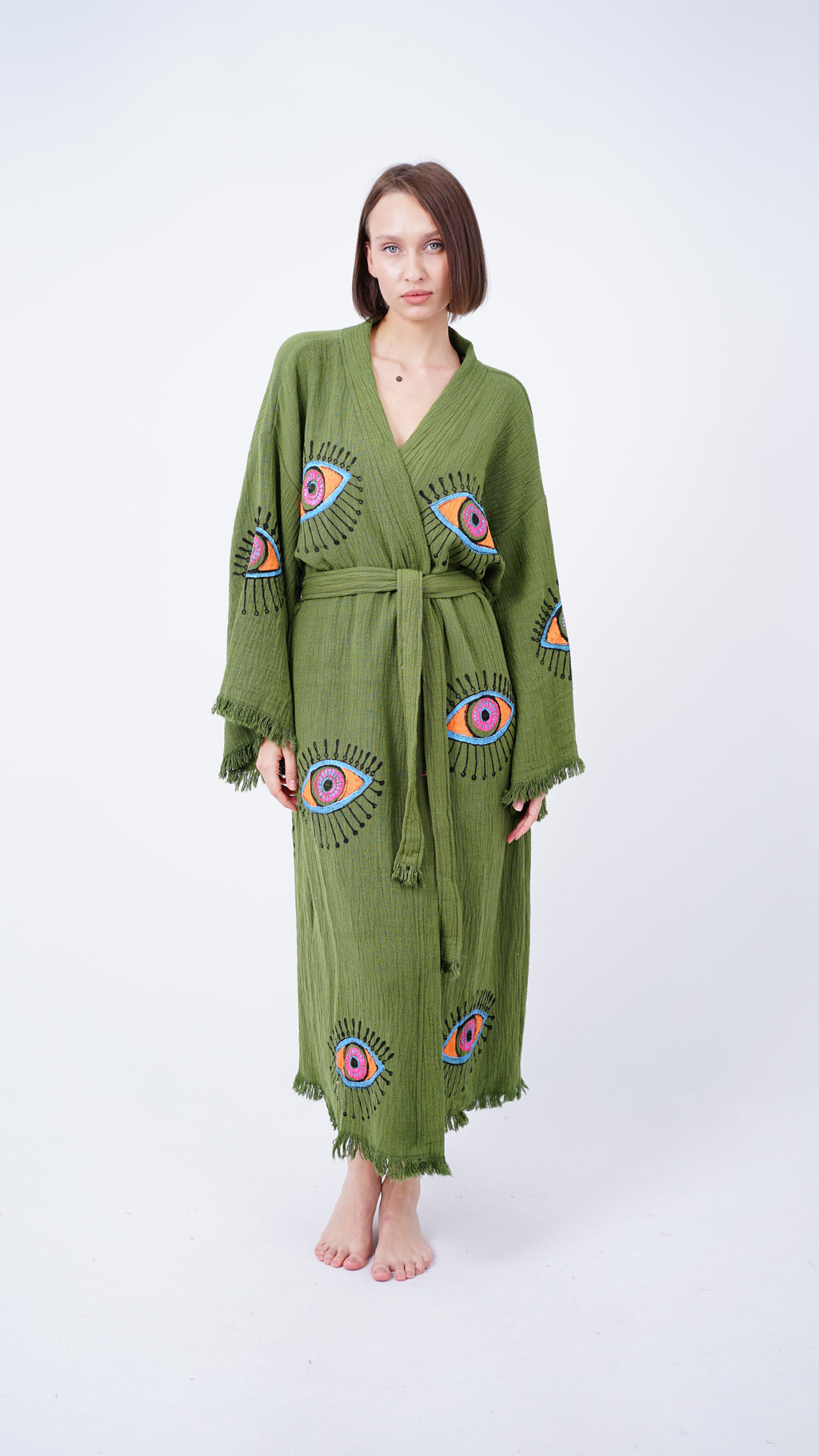 Handmade Evil Eye Kimono Green | Boho Festival & Beachwear Cover Up