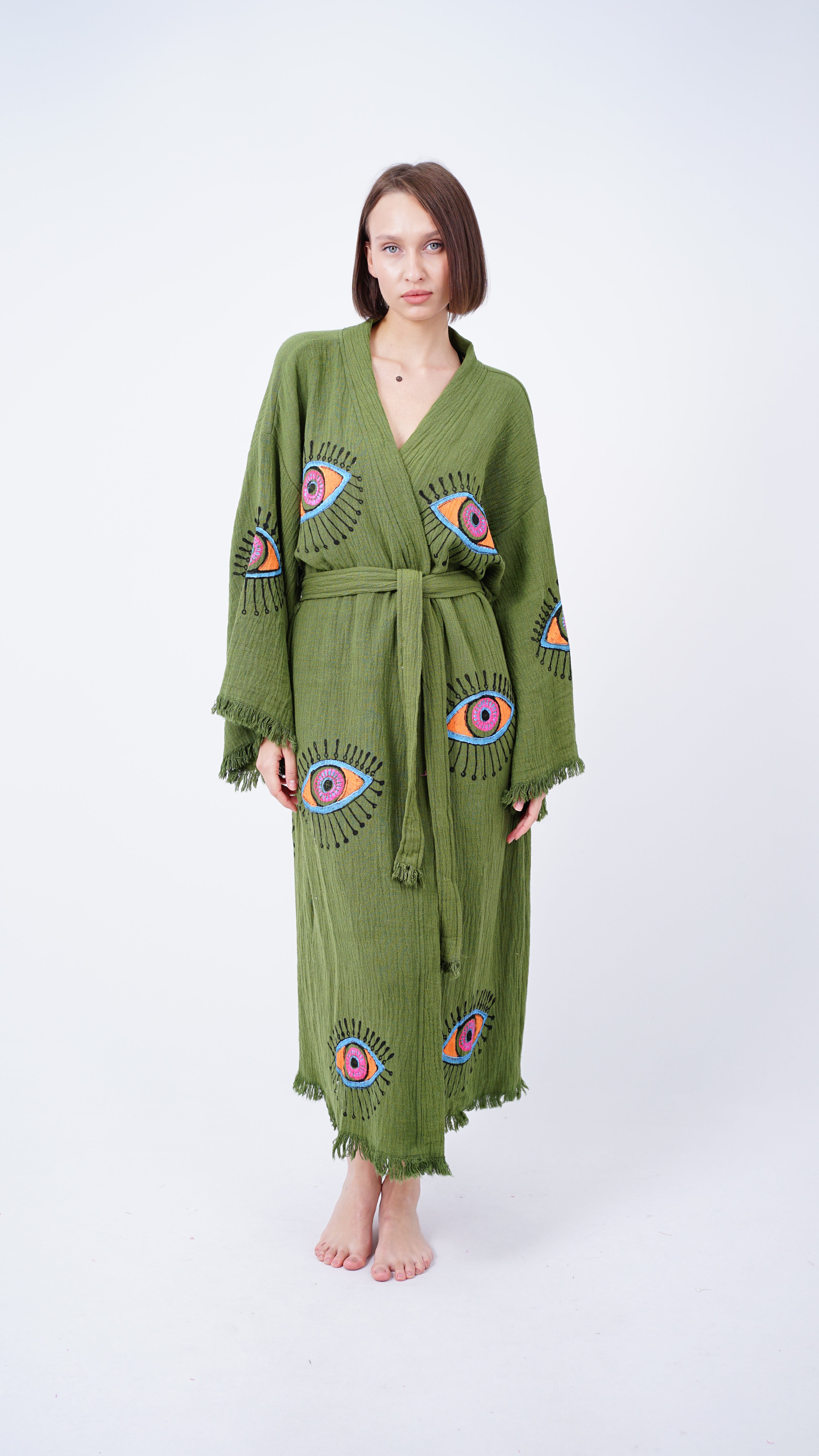 Handmade Evil Eye Kimono Green | Boho Festival & Beachwear Cover Up