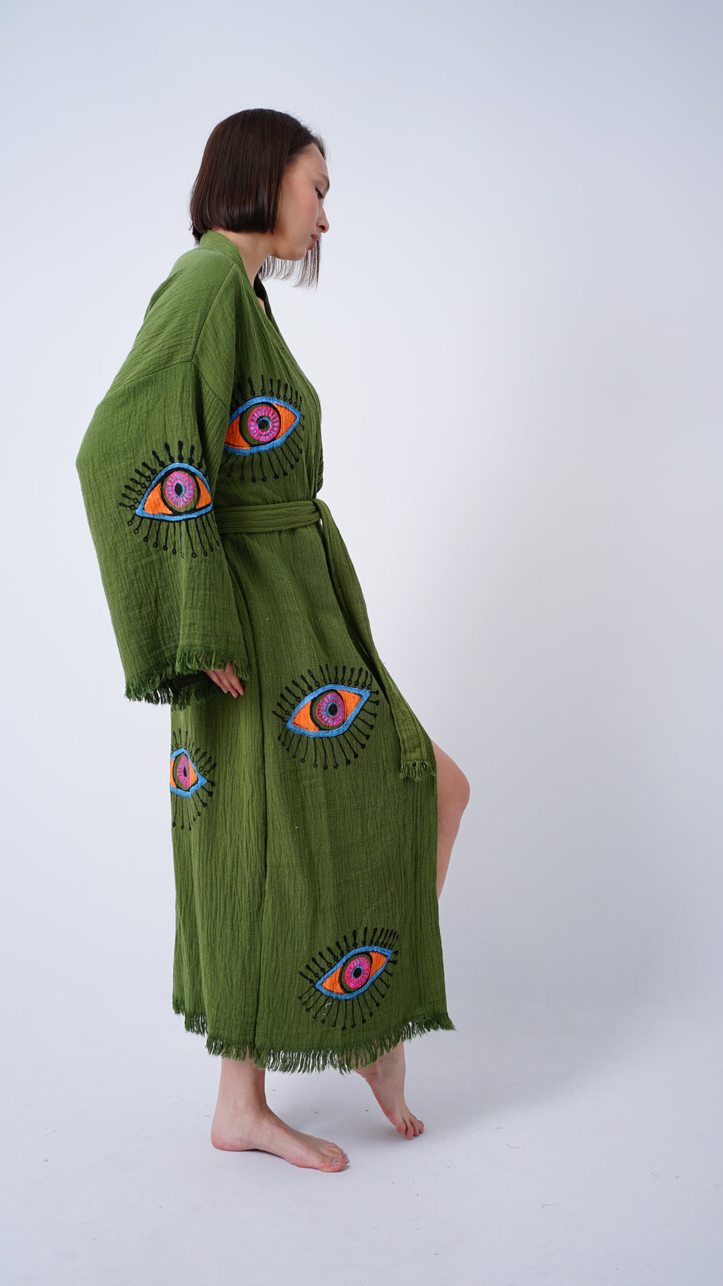 Handmade Evil Eye Kimono Green | Boho Festival & Beachwear Cover Up