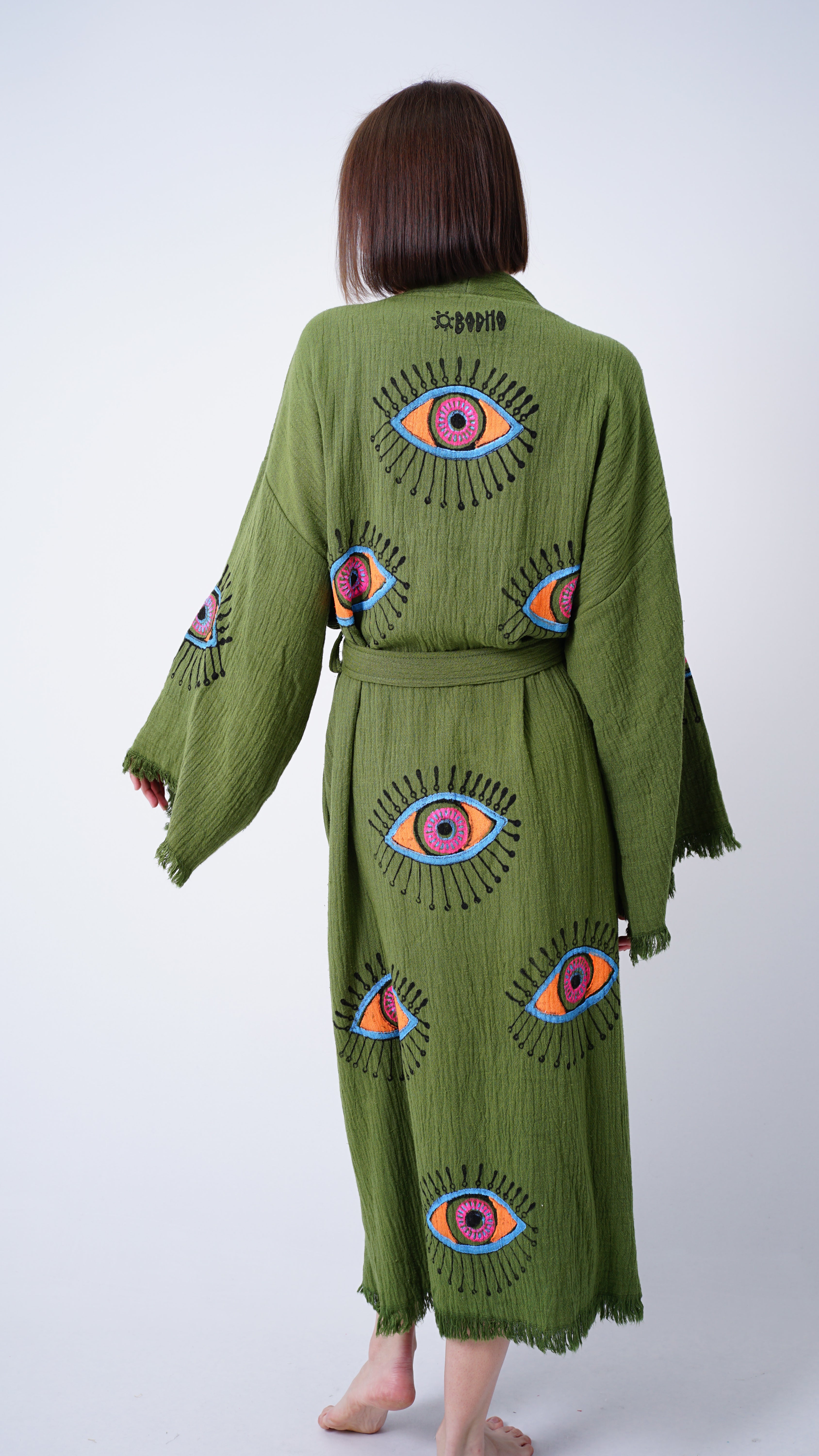 Handmade Evil Eye Kimono Green | Boho Festival & Beachwear Cover Up