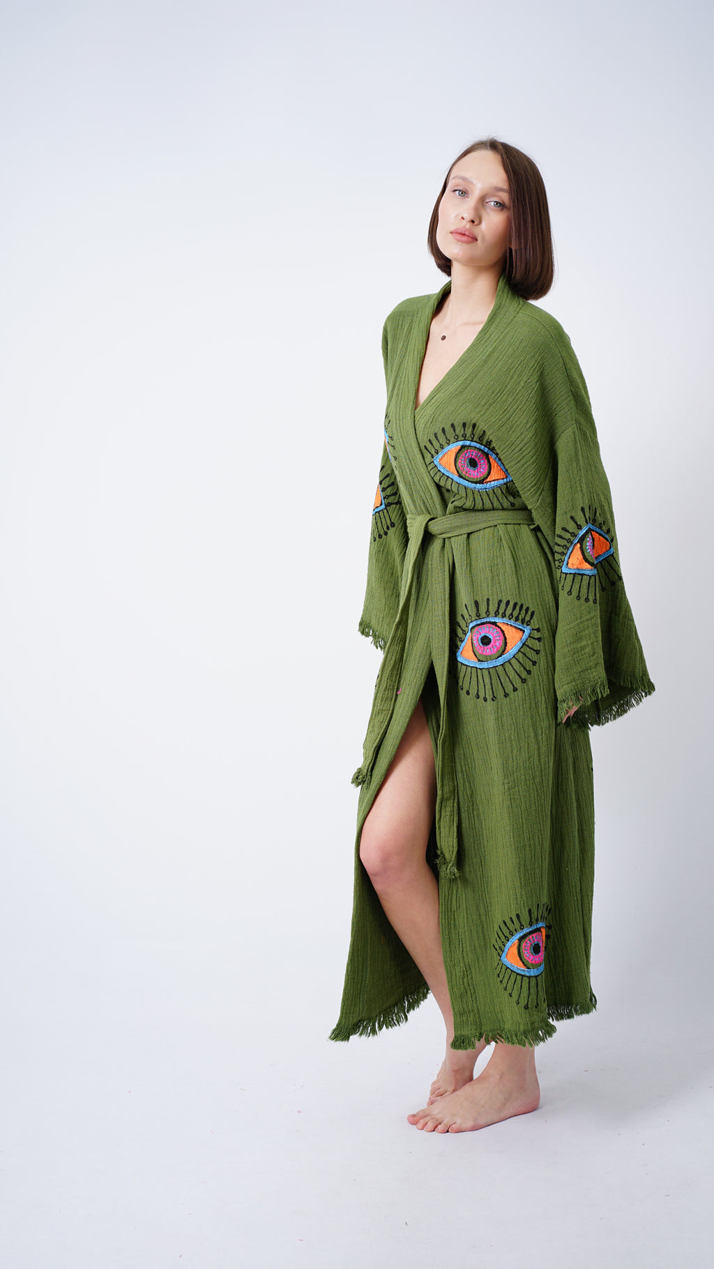 Handmade Evil Eye Kimono Green | Boho Festival & Beachwear Cover Up