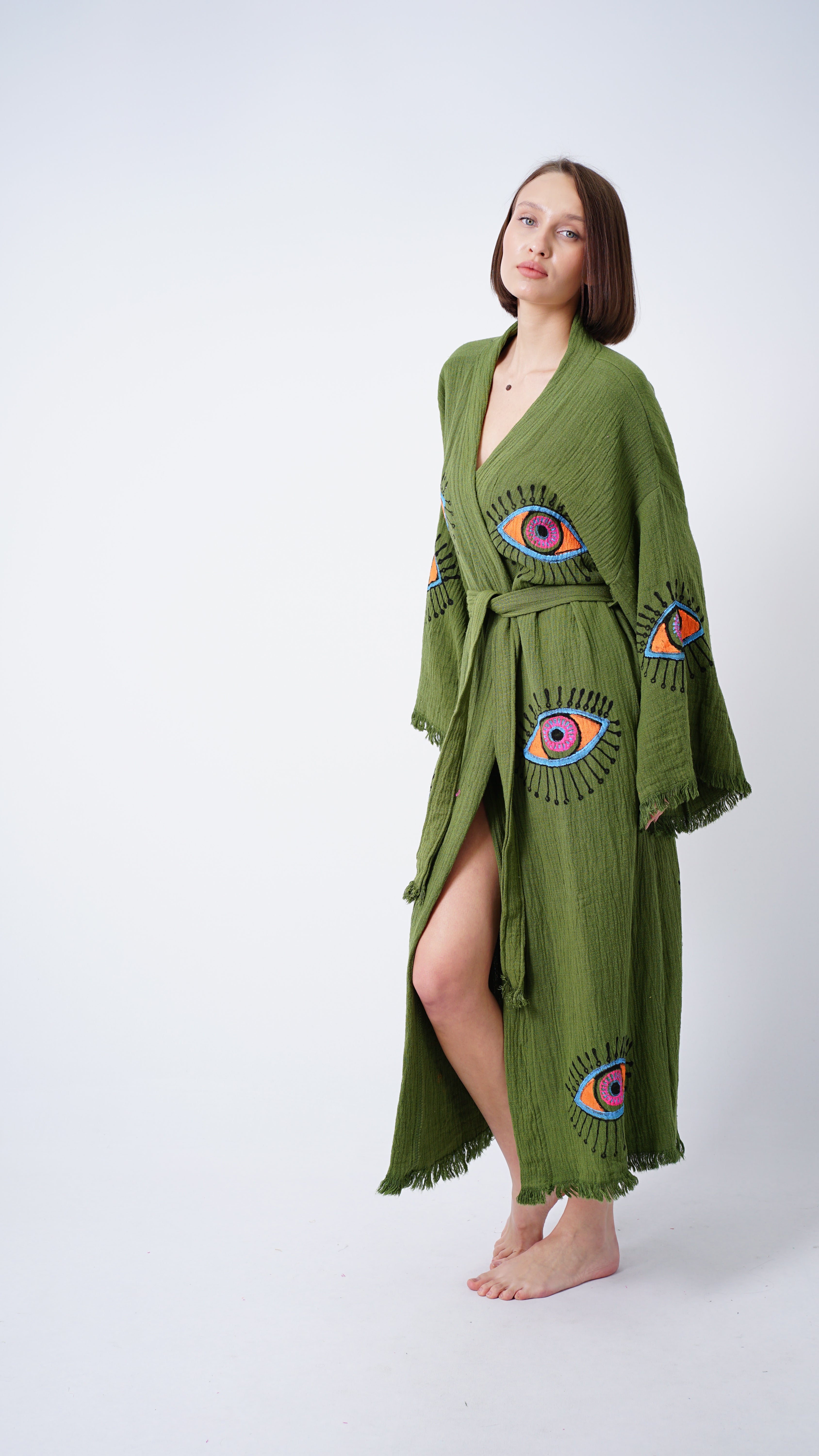 Handmade Evil Eye Kimono Green | Boho Festival & Beachwear Cover Up