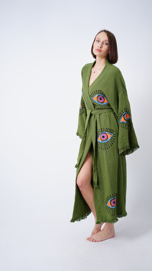 Handmade Evil Eye Kimono Green | Boho Festival & Beachwear Cover Up