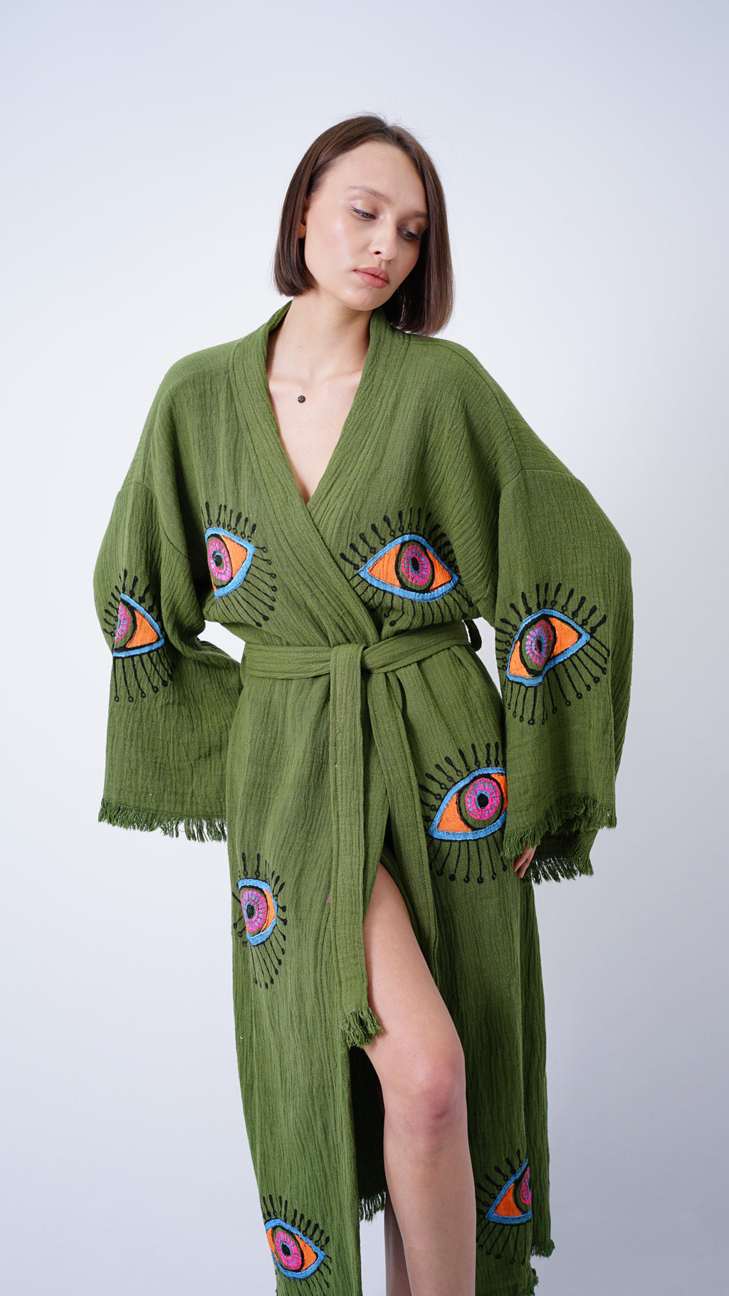 Handmade Evil Eye Kimono Green | Boho Festival & Beachwear Cover Up
