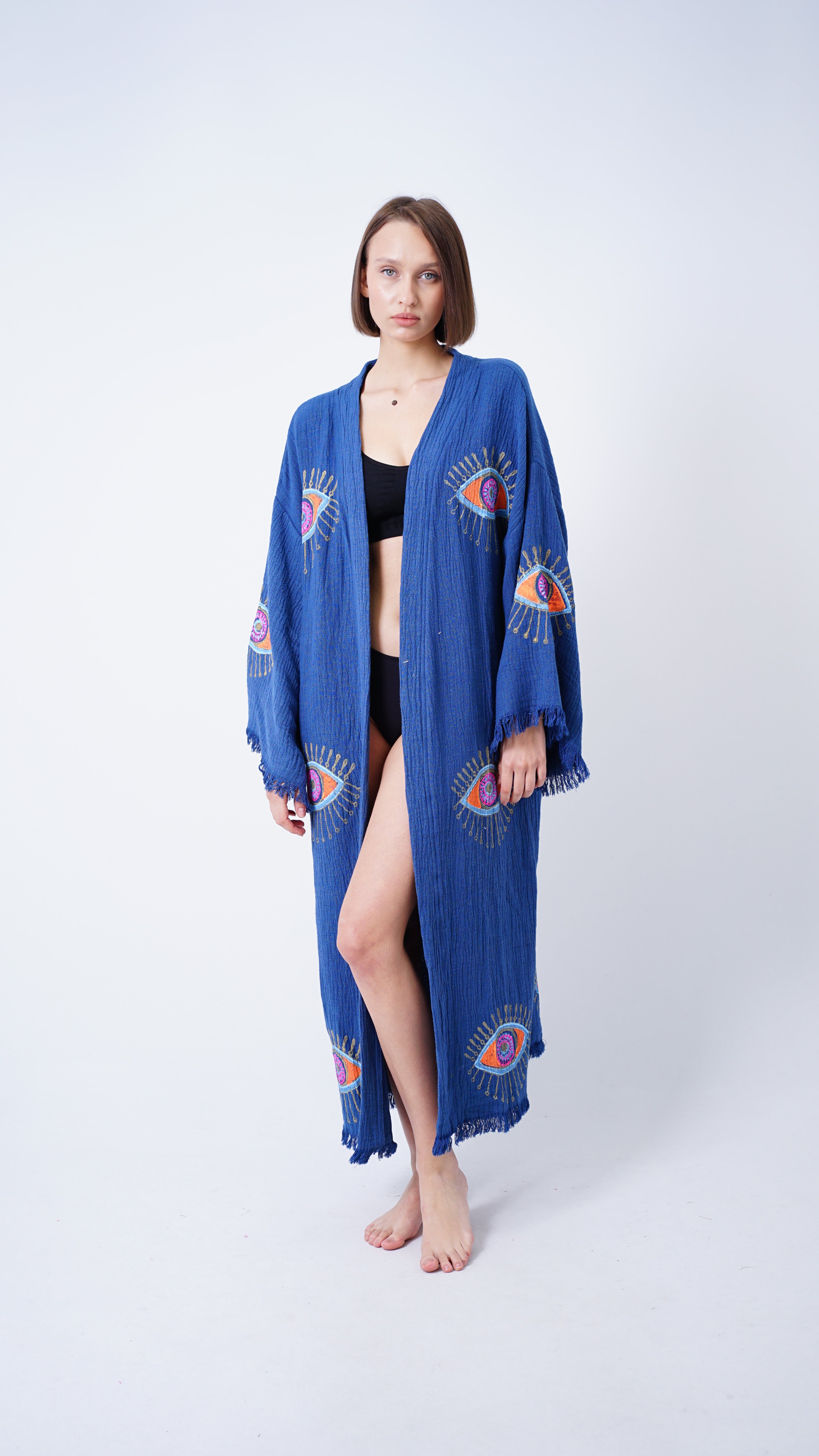 Handmade Evil Eye Kimono Navy Blue | Boho Festival & Beachwear Cover Up