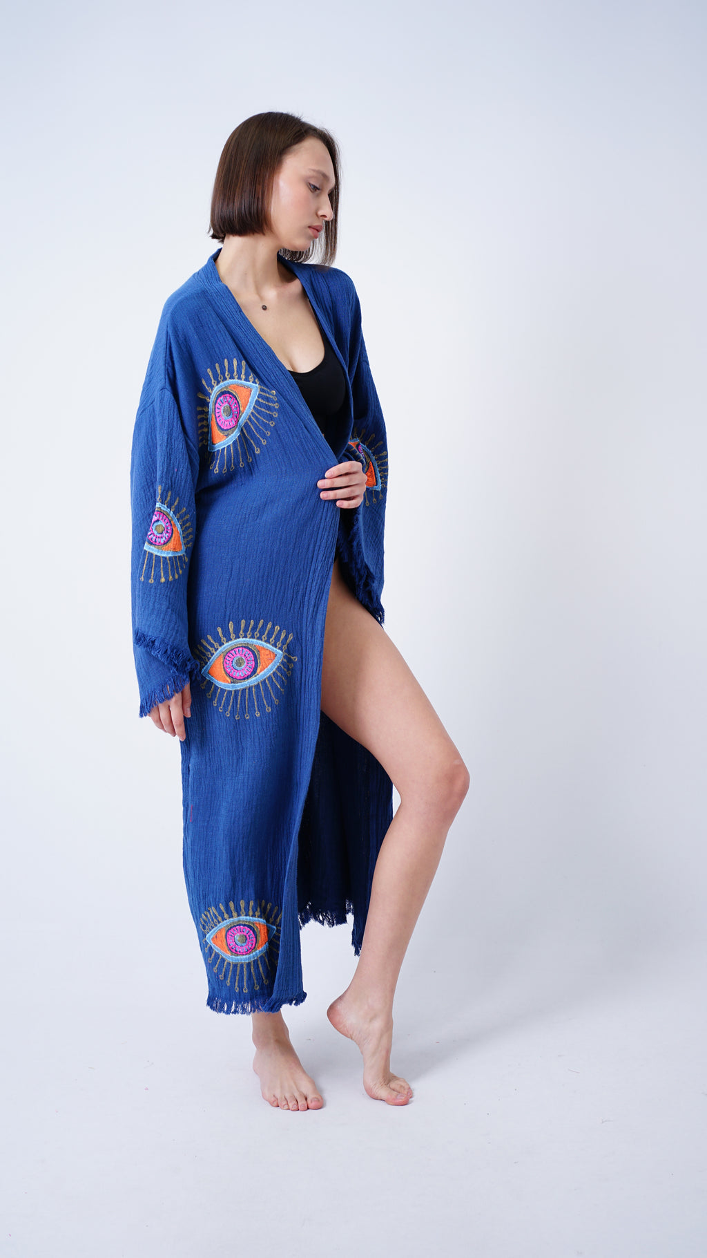 Handmade Evil Eye Kimono Navy Blue | Boho Festival & Beachwear Cover Up