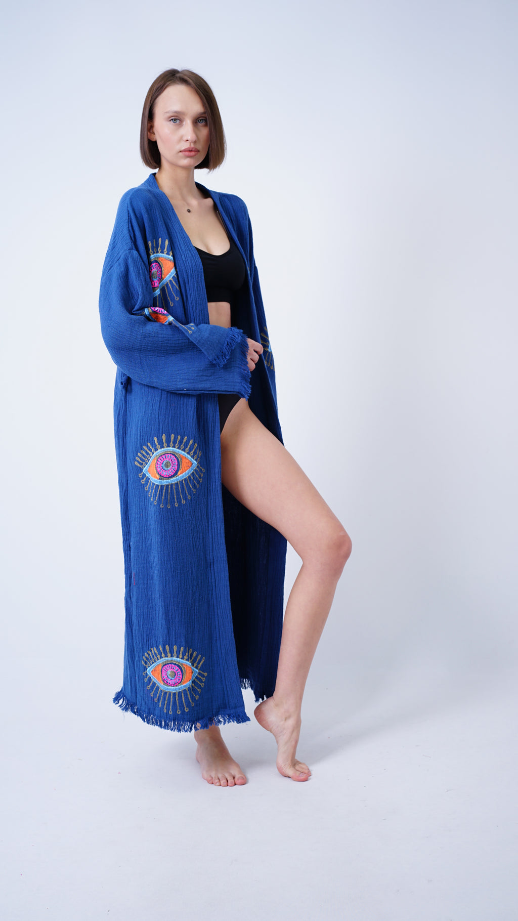 Handmade Evil Eye Kimono Navy Blue | Boho Festival & Beachwear Cover Up