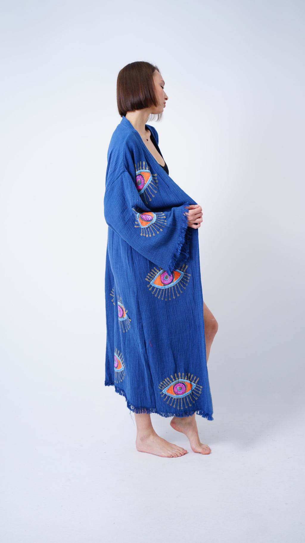 Handmade Evil Eye Kimono Navy Blue | Boho Festival & Beachwear Cover Up