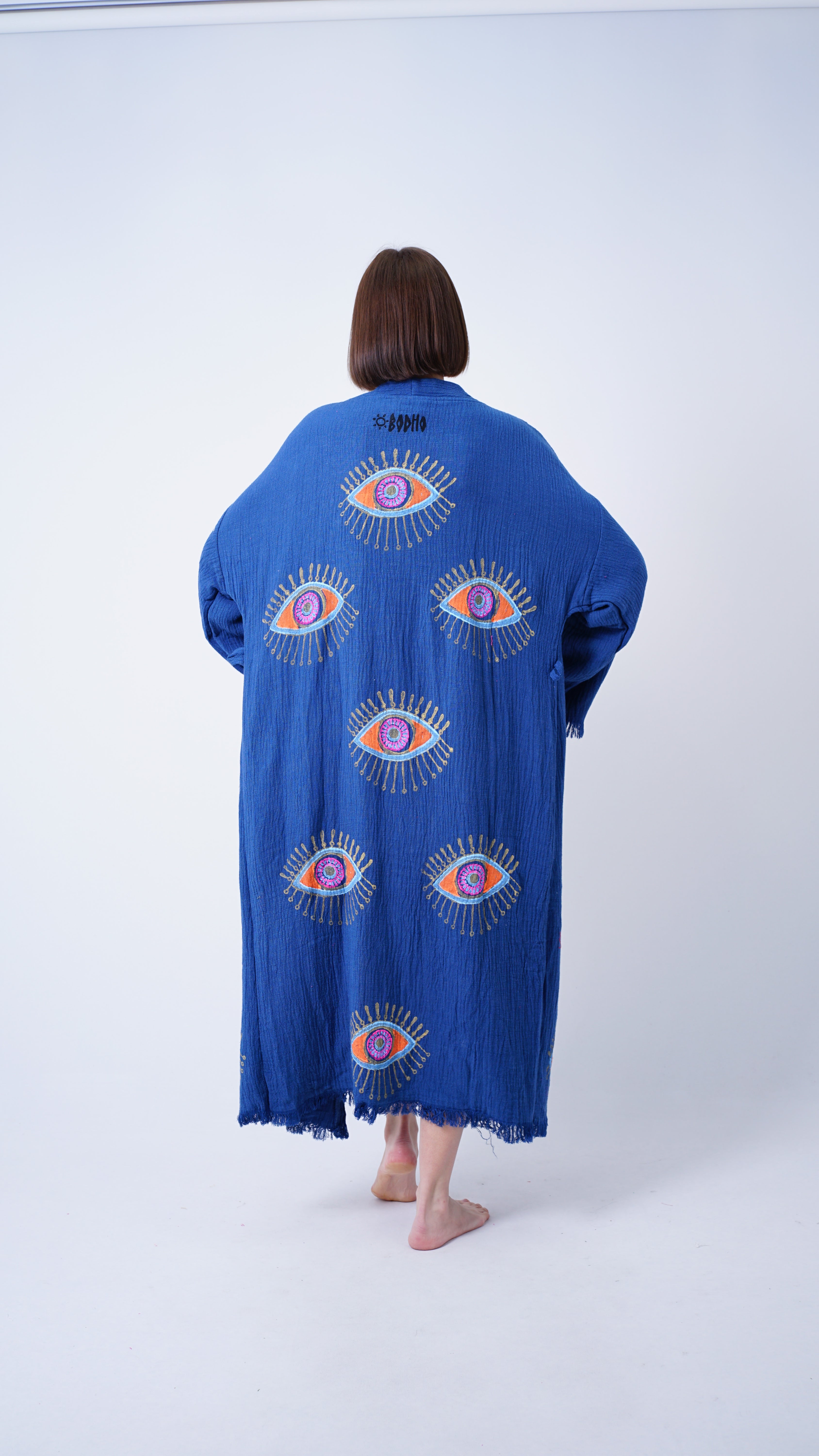 Handmade Evil Eye Kimono Navy Blue | Boho Festival & Beachwear Cover Up