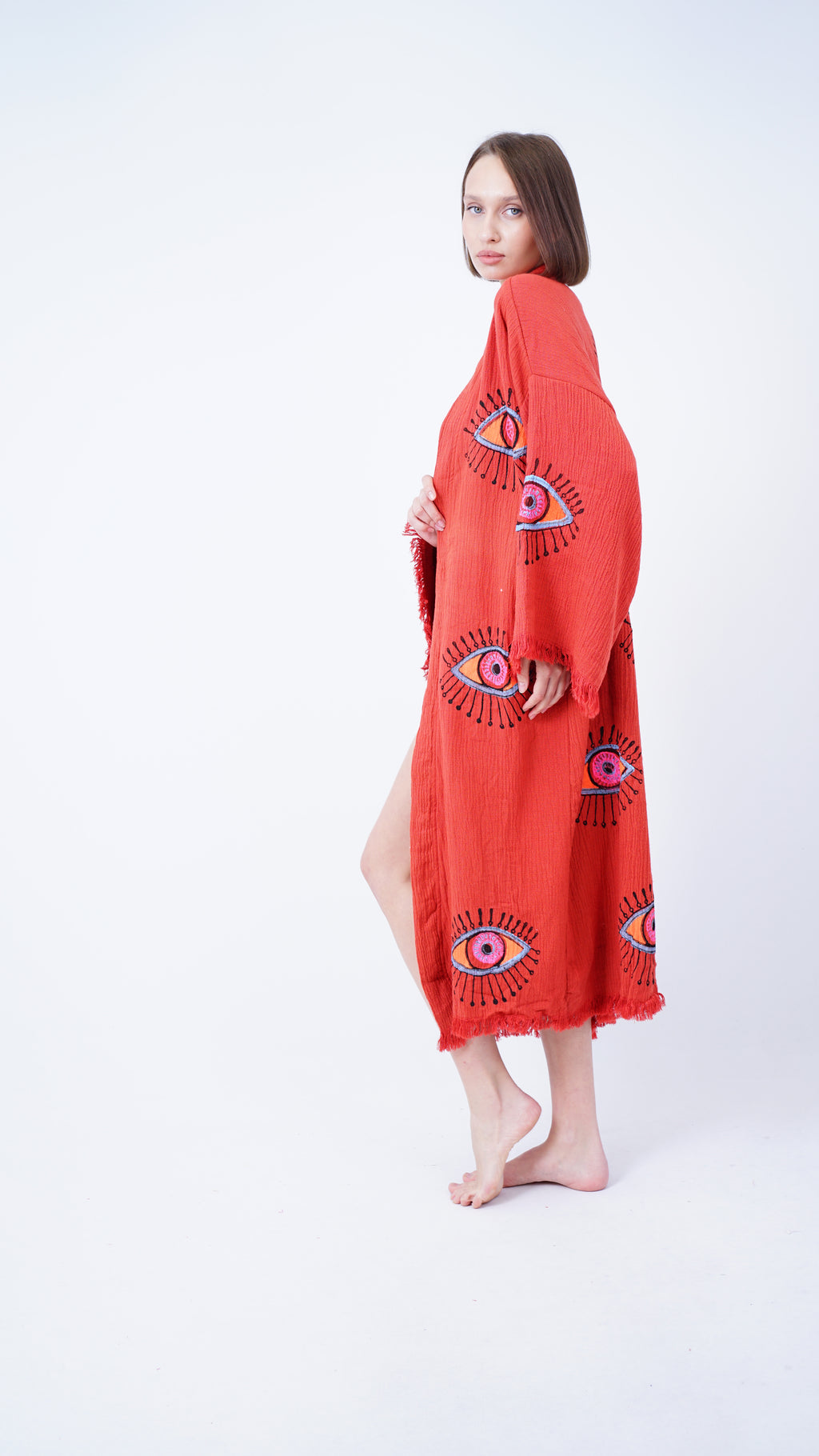 Handmade Evil Eye Kimono Brick Red | Boho Festival & Beachwear Cover Up