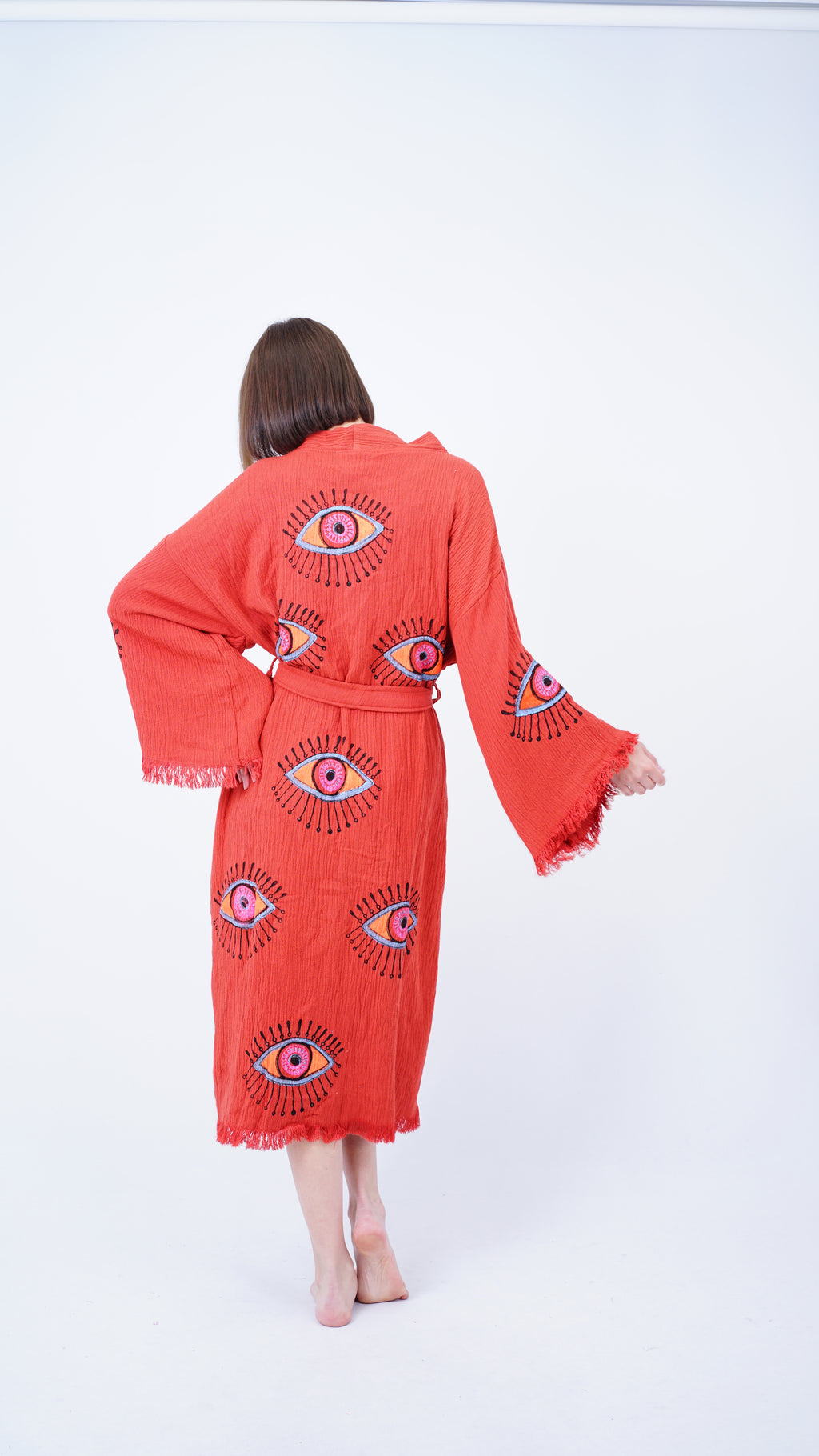 Handmade Evil Eye Kimono Brick Red | Boho Festival & Beachwear Cover Up