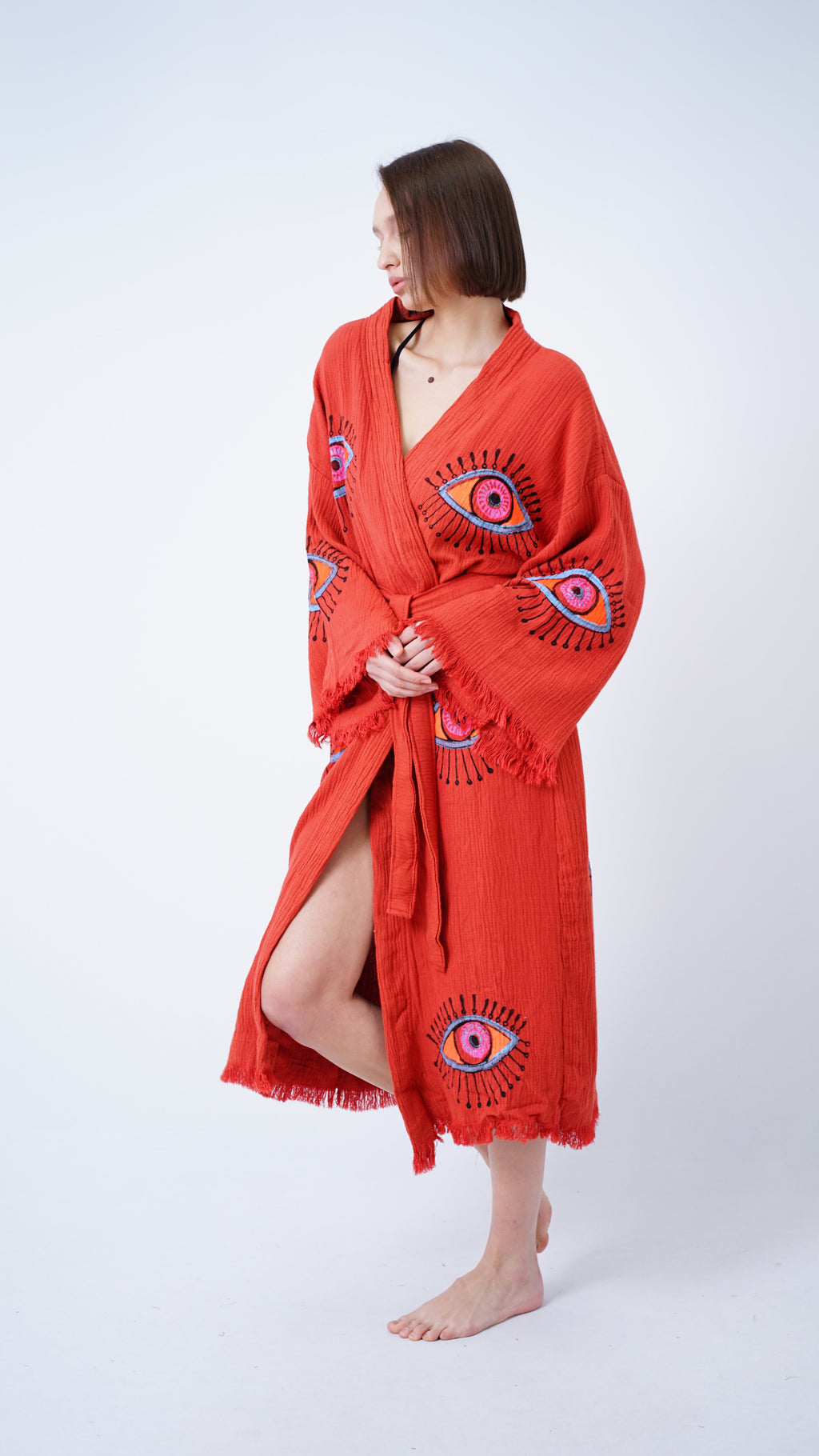 Handmade Evil Eye Kimono Brick Red | Boho Festival & Beachwear Cover Up
