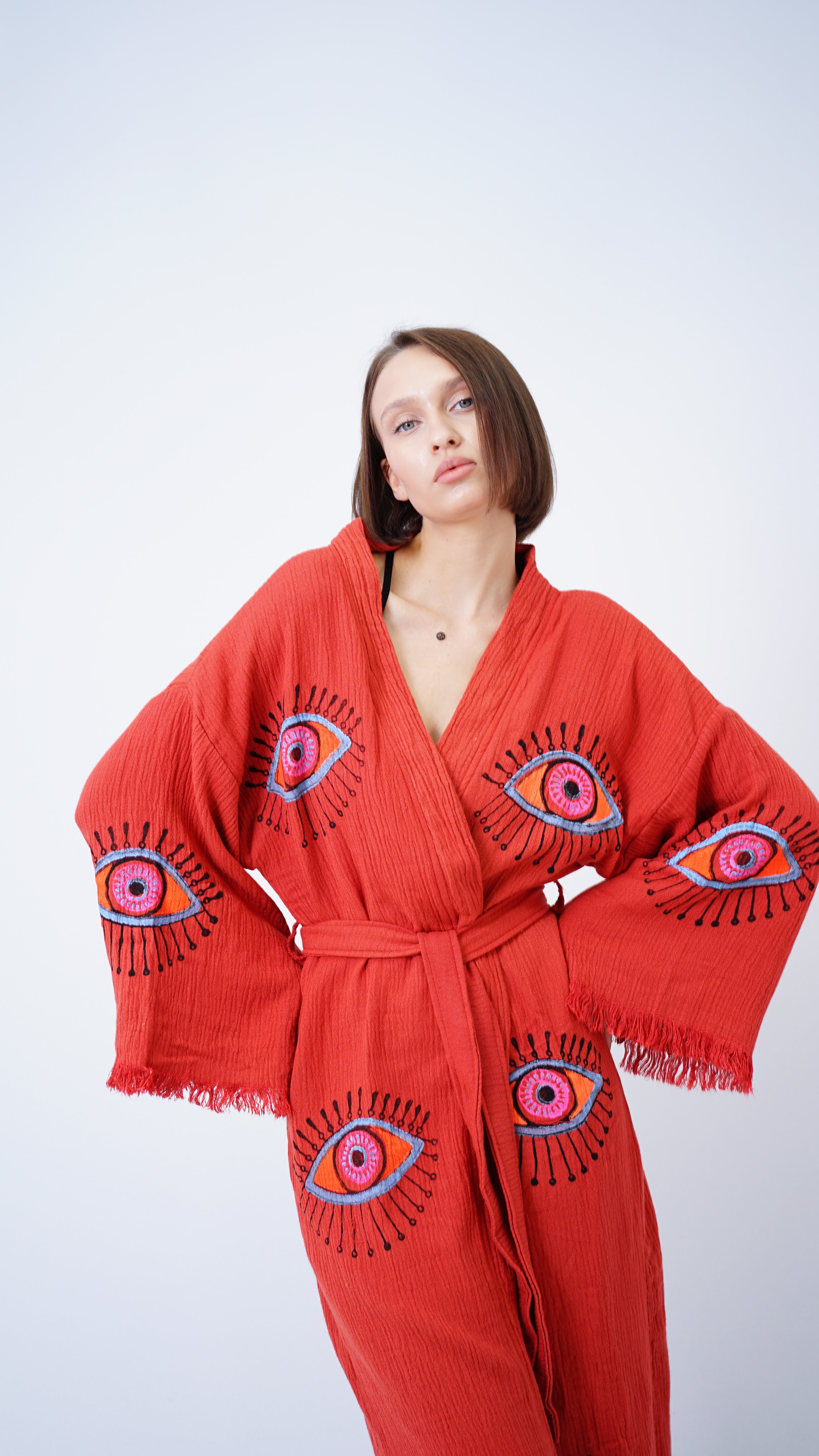 Handmade Evil Eye Kimono Brick Red | Boho Festival & Beachwear Cover Up