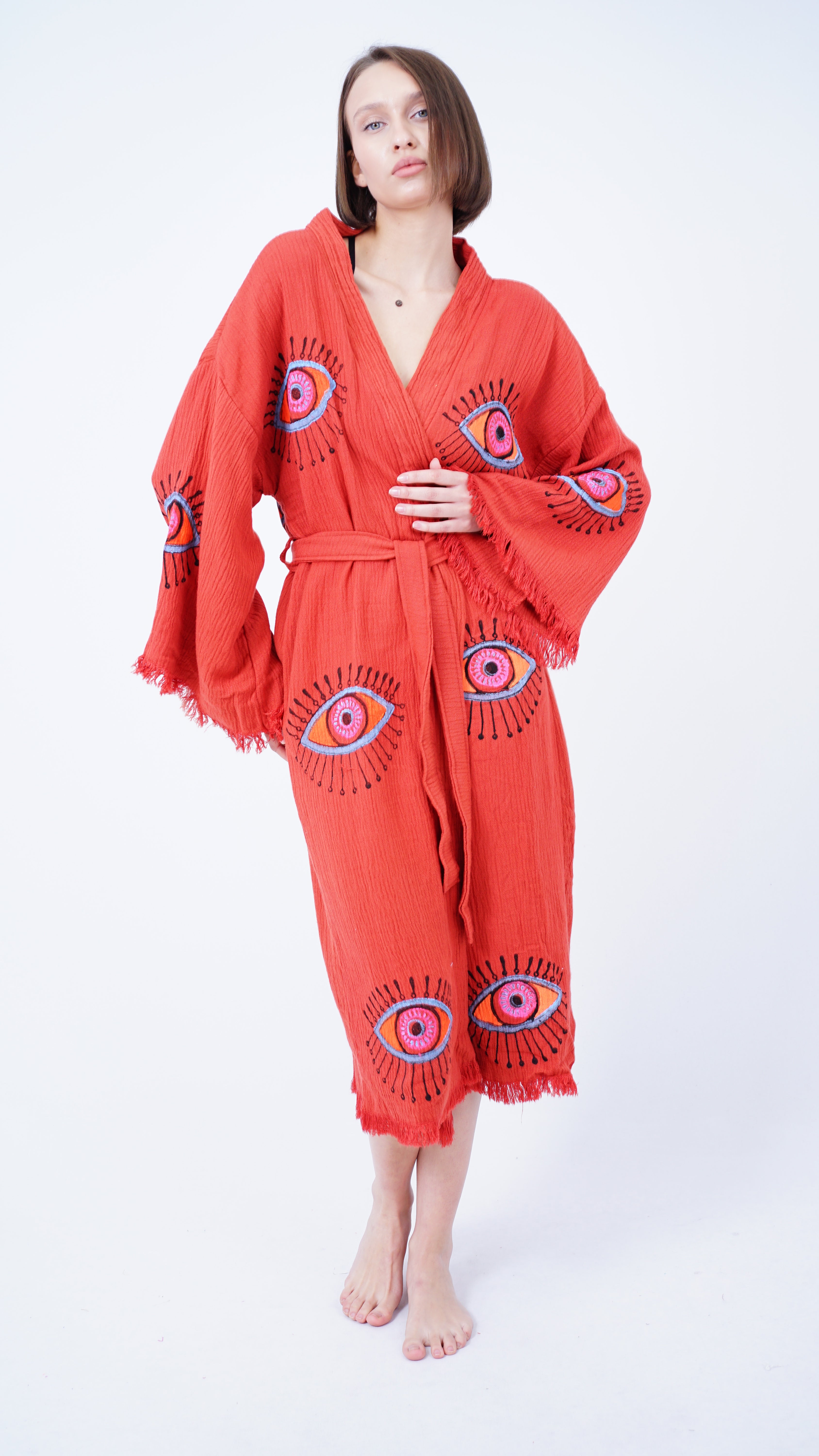 Handmade Evil Eye Kimono Brick Red | Boho Festival & Beachwear Cover Up