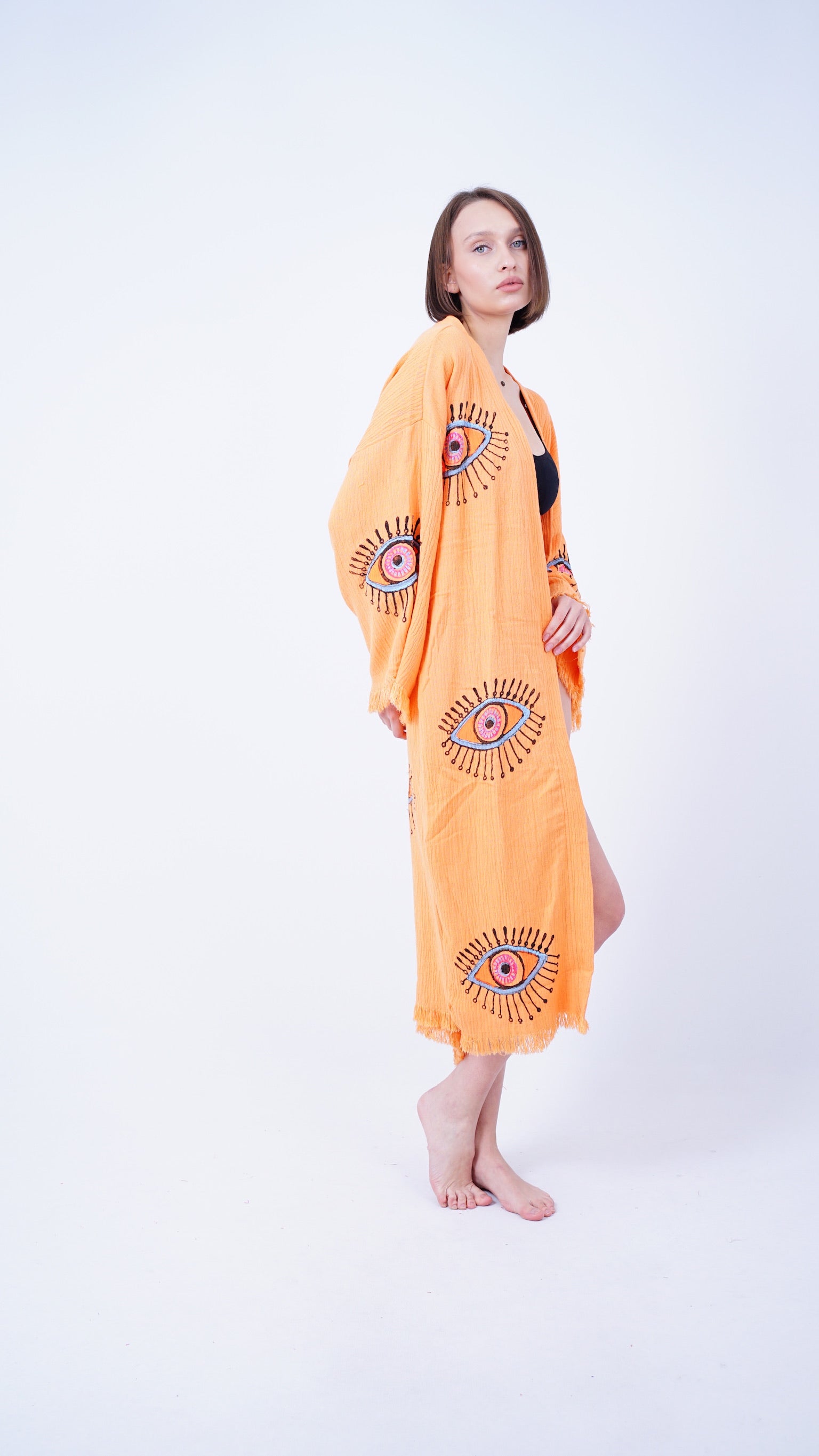 Handmade Evil Eye Kimono Mustard | Boho Festival & Beachwear Cover Up