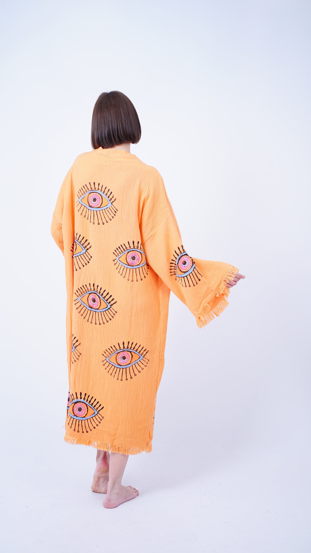El Yapımı Nazar Kimono Hardal Rengi | Boho Festival ve Plaj Giyimi Örtüsü