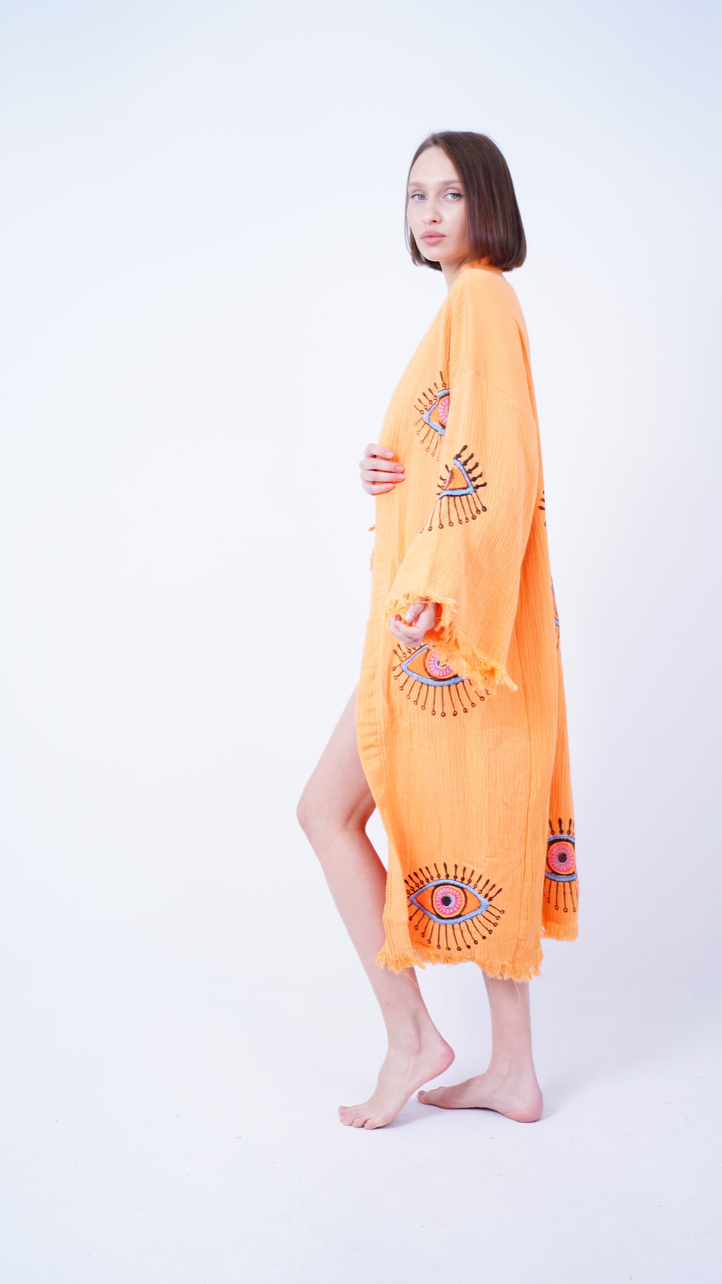 El Yapımı Nazar Kimono Hardal Rengi | Boho Festival ve Plaj Giyimi Örtüsü