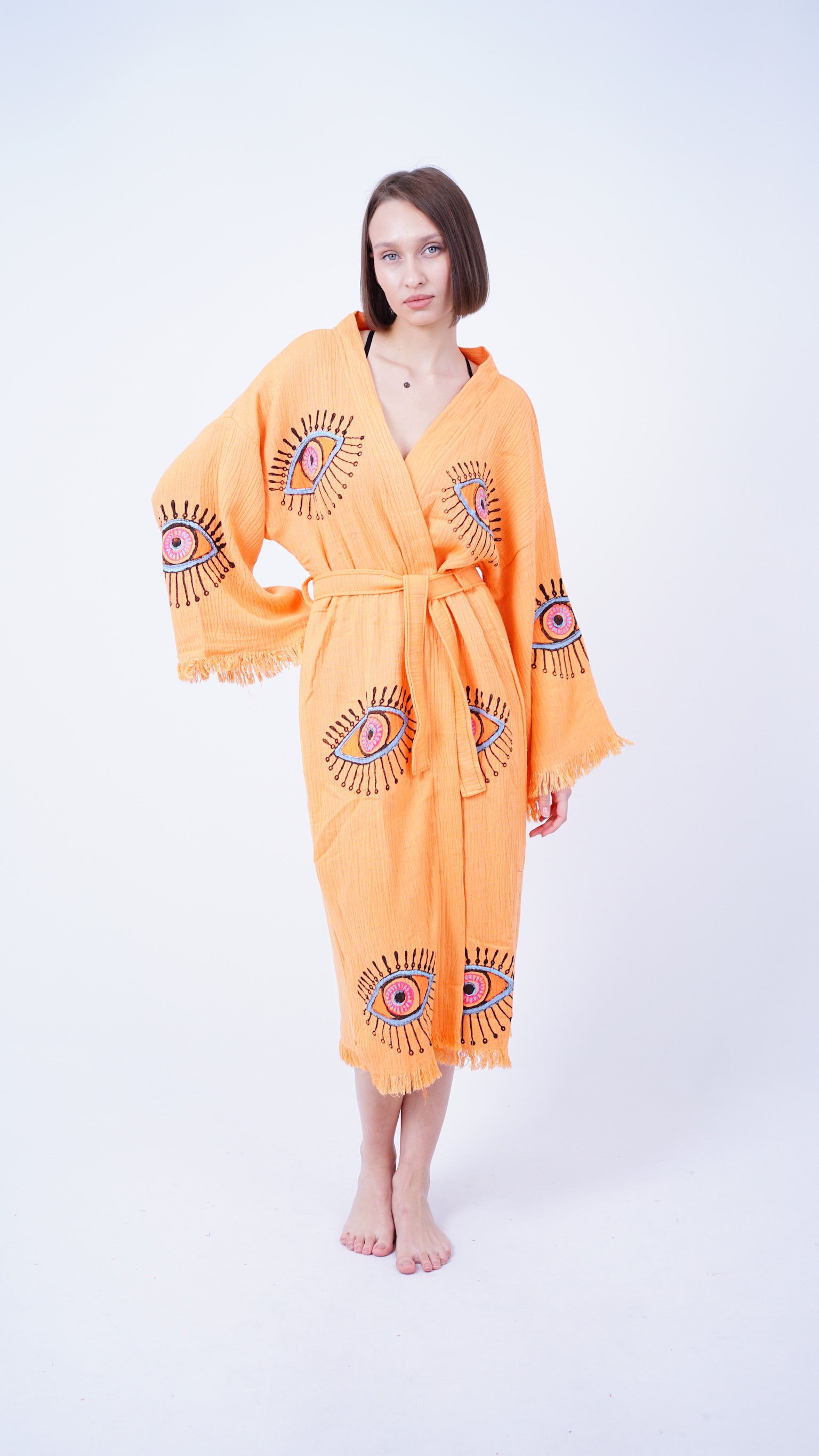 Handmade Evil Eye Kimono Mustard | Boho Festival & Beachwear Cover Up