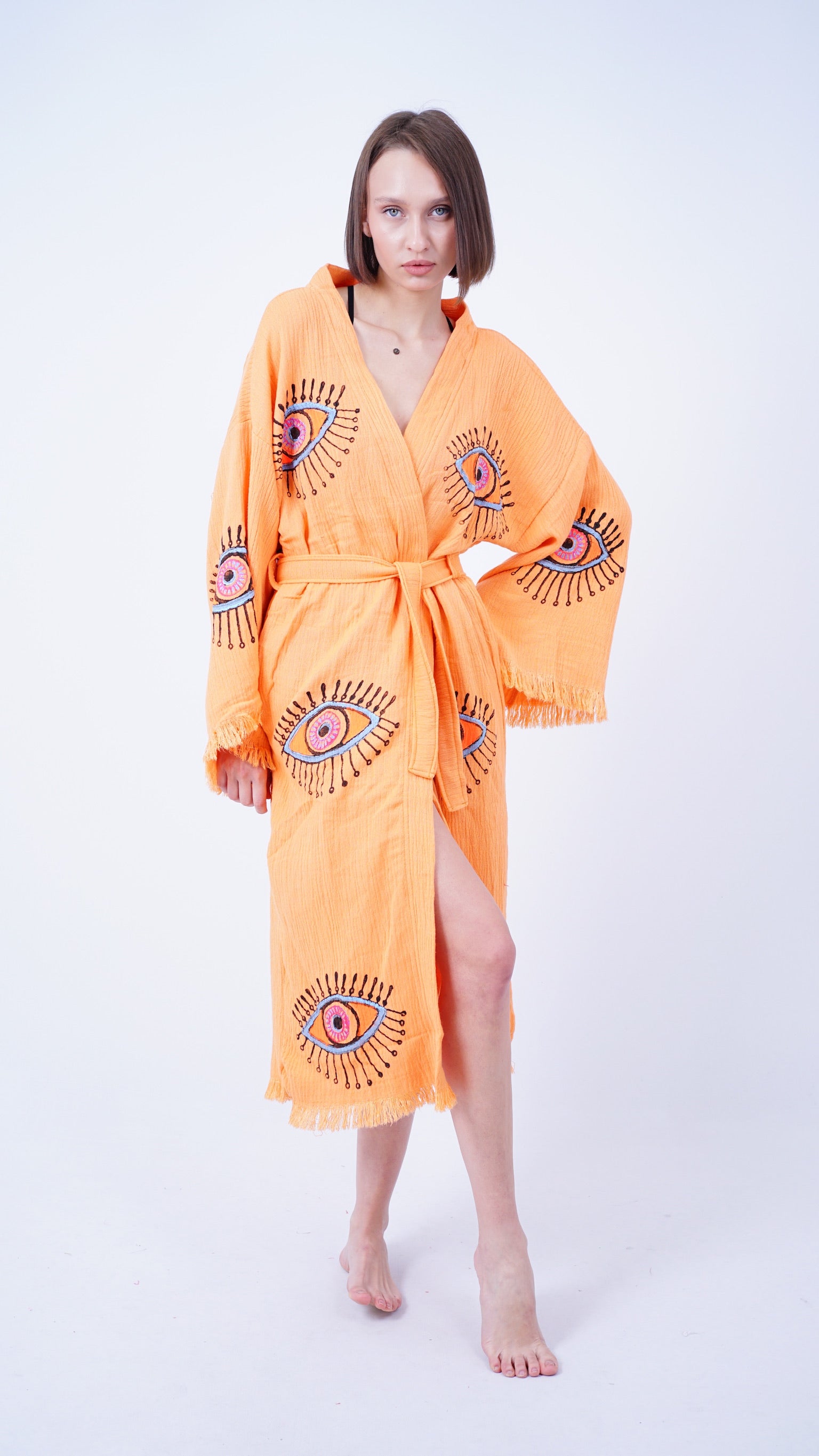 Handmade Evil Eye Kimono Mustard | Boho Festival & Beachwear Cover Up