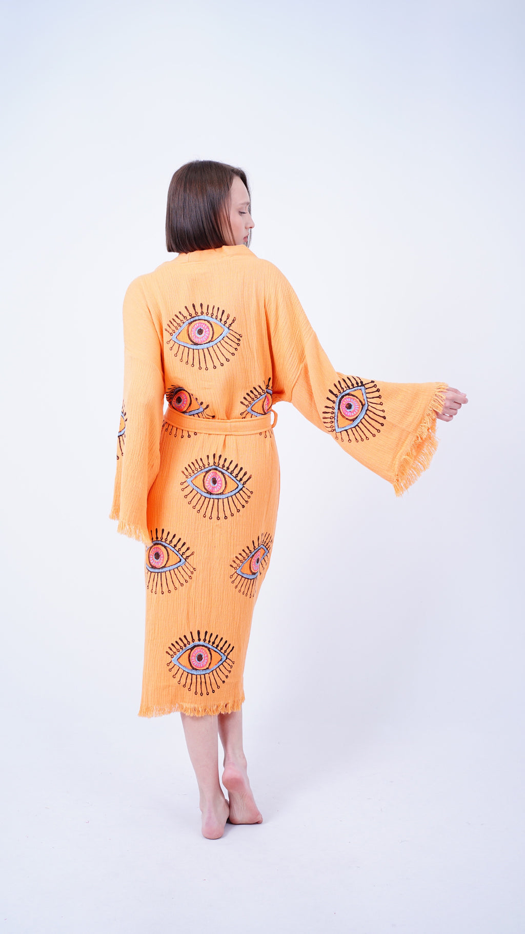 El Yapımı Nazar Kimono Hardal Rengi | Boho Festival ve Plaj Giyimi Örtüsü