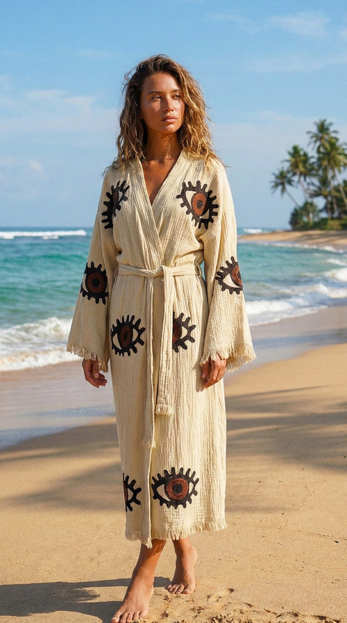 Handmade Evil Eye Kimono Brown | Boho Festival & Beachwear Cover Up