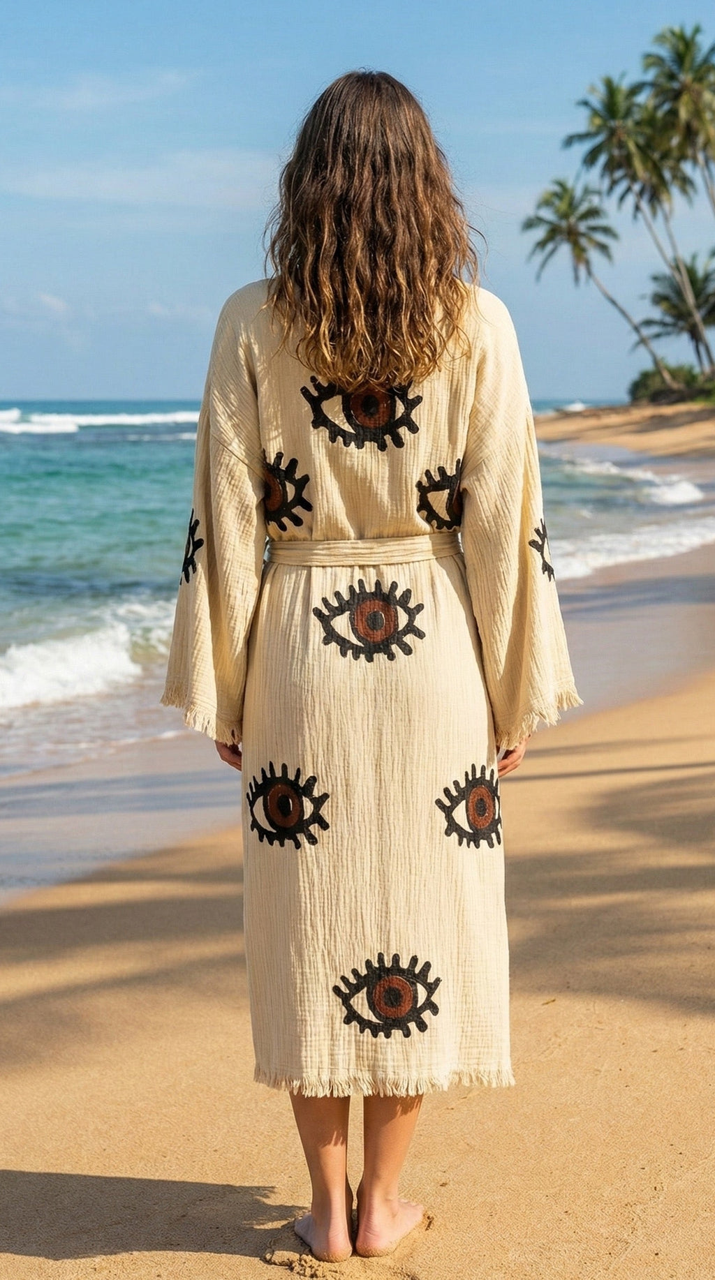 Handmade Evil Eye Kimono Brown | Boho Festival & Beachwear Cover Up