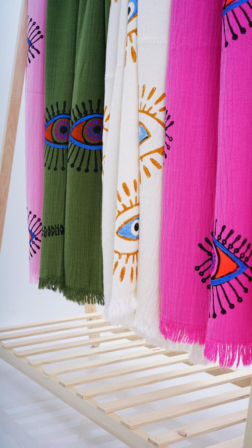 Hand-Printed Evil Eye Beach Towel - Organic Turkish Cotton Peshtemal