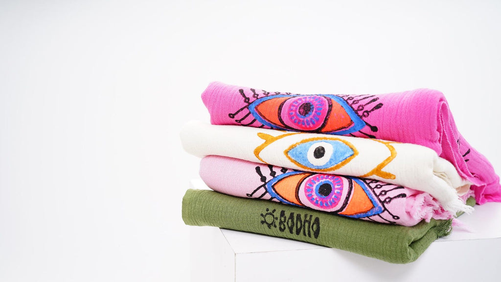 Hand-Printed Evil Eye Beach Towel - Organic Turkish Cotton Peshtemal